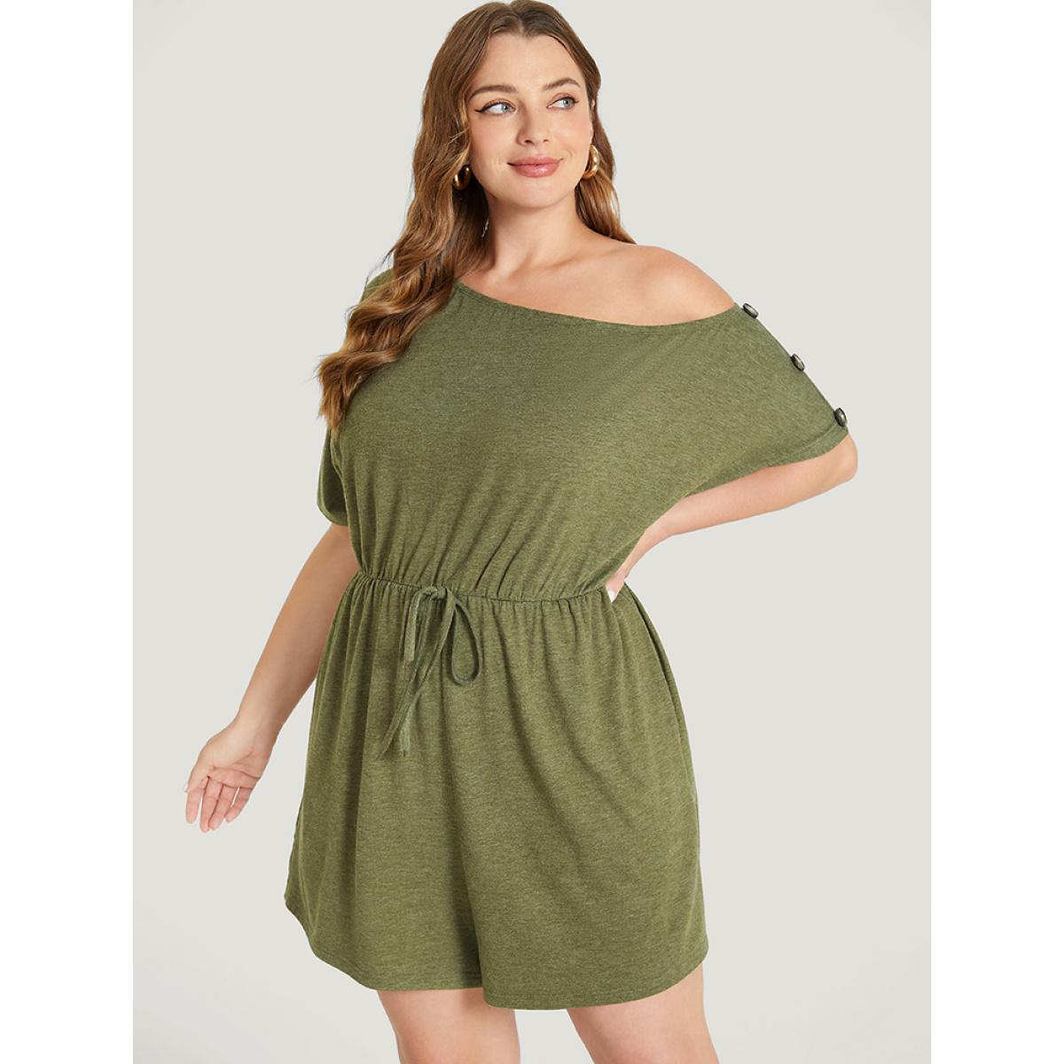 Plus Size ArmyGreen Solid Button Detail Pocket Knot Front One Shoulder Romper Women Casual Short sleeve One Shoulder Dailywear Loose Jumpsuits BloomChic 10/M Product Image