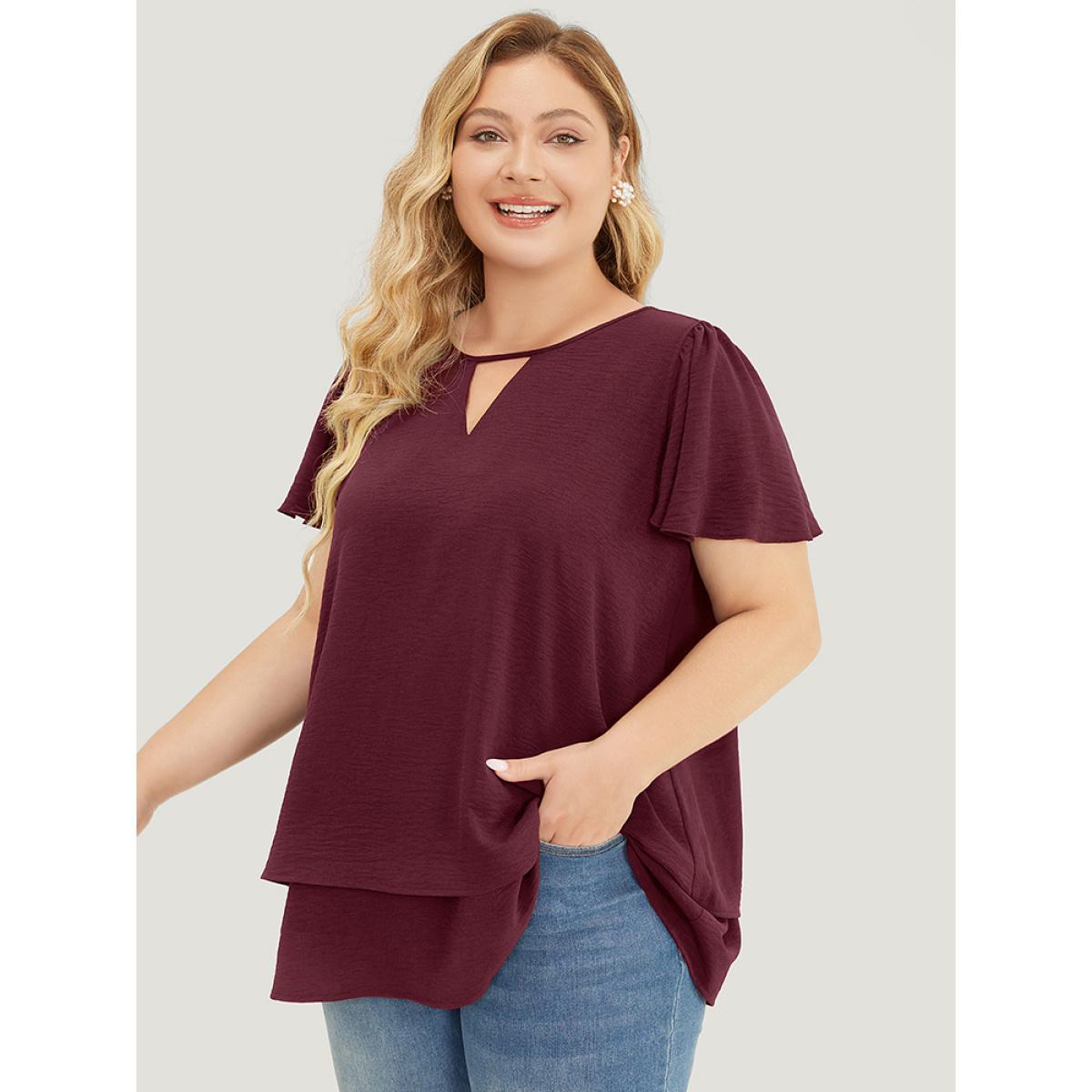 Plus Size Scarlet Solid Flutter Sleeve Keyhole Layered Hem Blouse Women Office Short sleeve V-neck Work Blouses BloomChic 28/5X Product Image