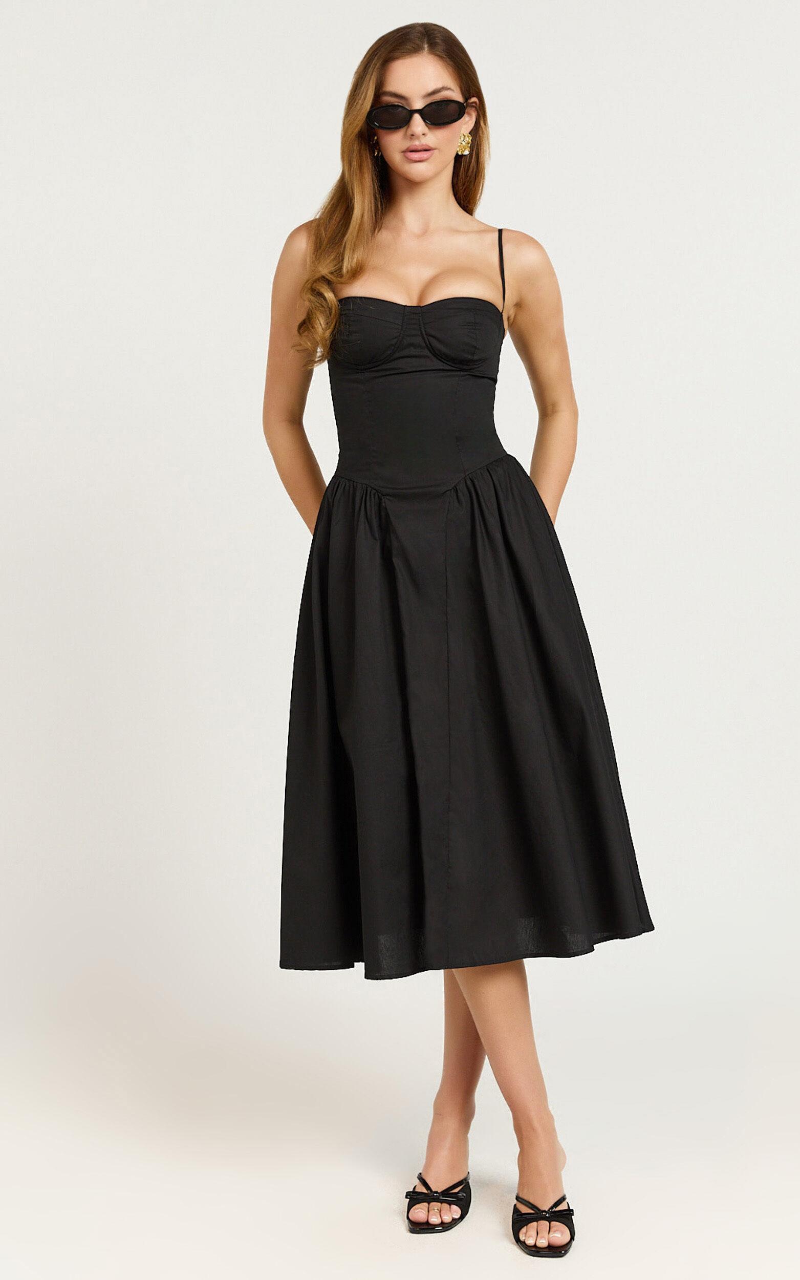 April Midi Dress - Sweetheart Wide Pleated Dress in Black Product Image