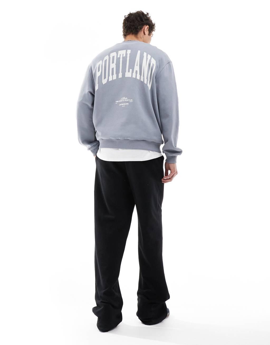 ASOS DESIGN oversized crew neck sweatshirt with back city print in gray  Product Image