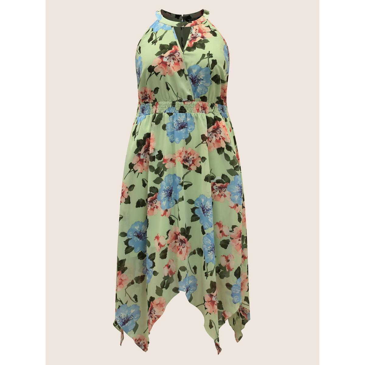 Plus Size Floral Shirred Asymmetrical Hem Sleeveless Dress Palemauve Women Elegant Asymmetrical Round Neck Sleeveless Curvy BloomChic 12/L Product Image