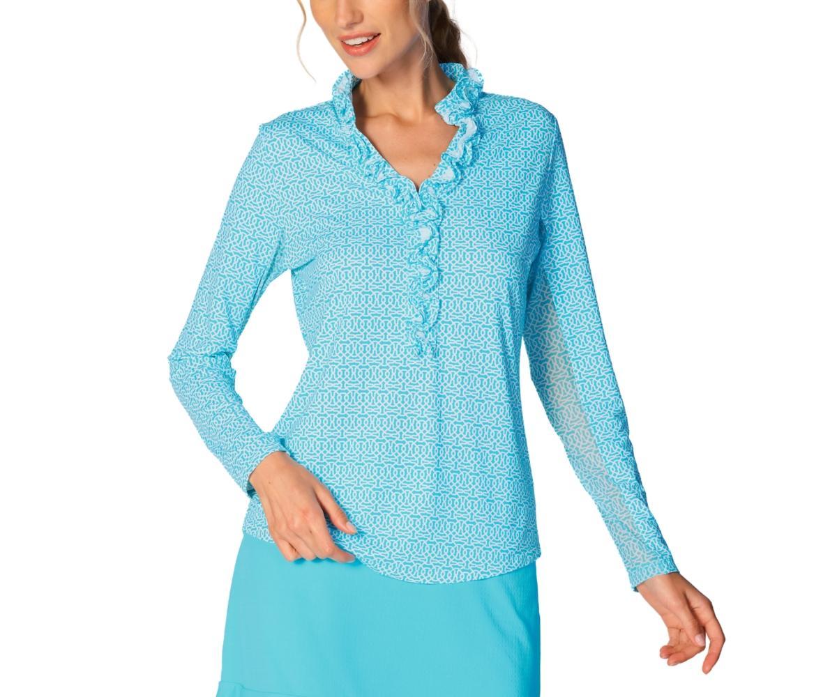 G Lifestyle Clothing Womens Long Sleeve Double Ruffle Top Tile Blue XLarge Product Image