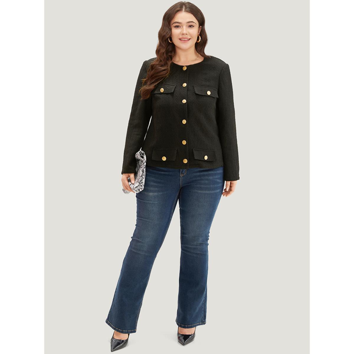 Plus Size Plain Tweed Texture Buckle Detail Blazer Women Black Texture Work Jackets BloomChic 18-20/2X Product Image