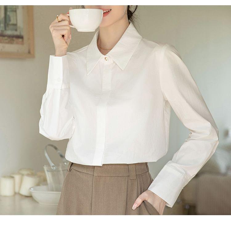 Long Sleeve Lapel Collar Plain Button Shirt Product Image