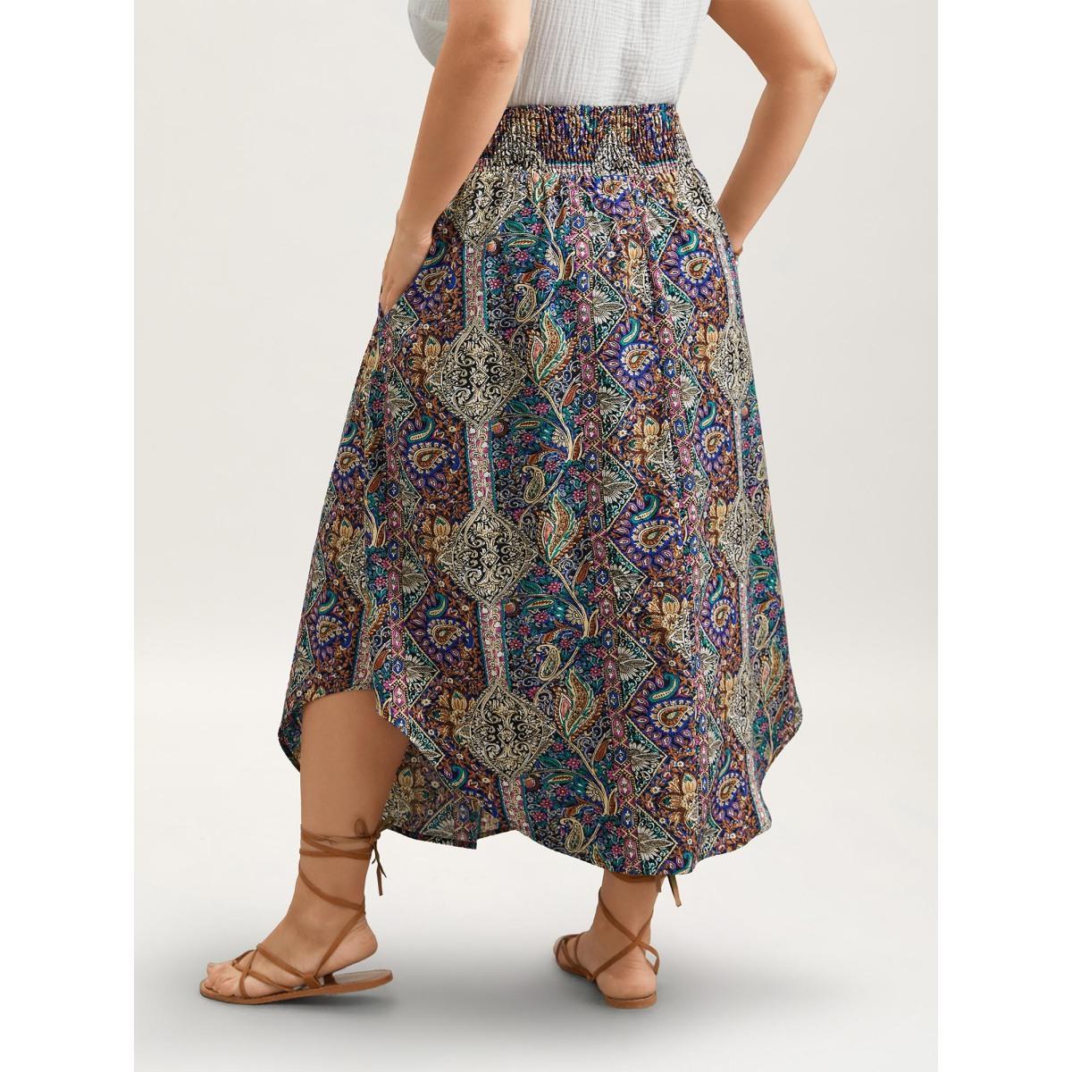 Plus Size Boho Print Shirred Waist Midi Skirt Women Multicolor Elegant Tie knot Loose No stretch Side seam pocket Everyday Skirts BloomChic 22-24/3X Product Image