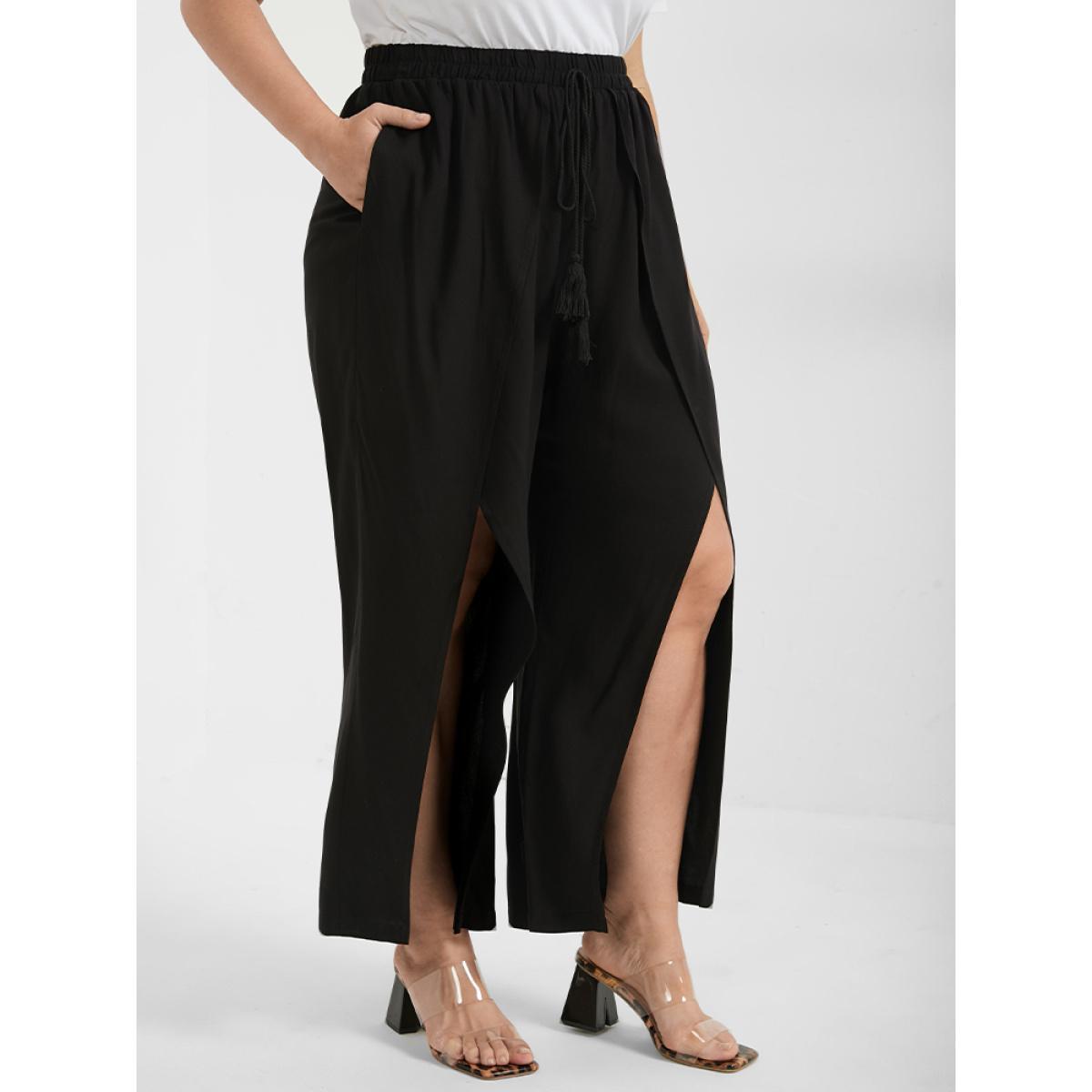 Plus Size Solid Wrap Split Pocket Knot Waist Pants Women Black Casual Wide Leg High Rise Dailywear Pants BloomChic 30/6X Product Image
