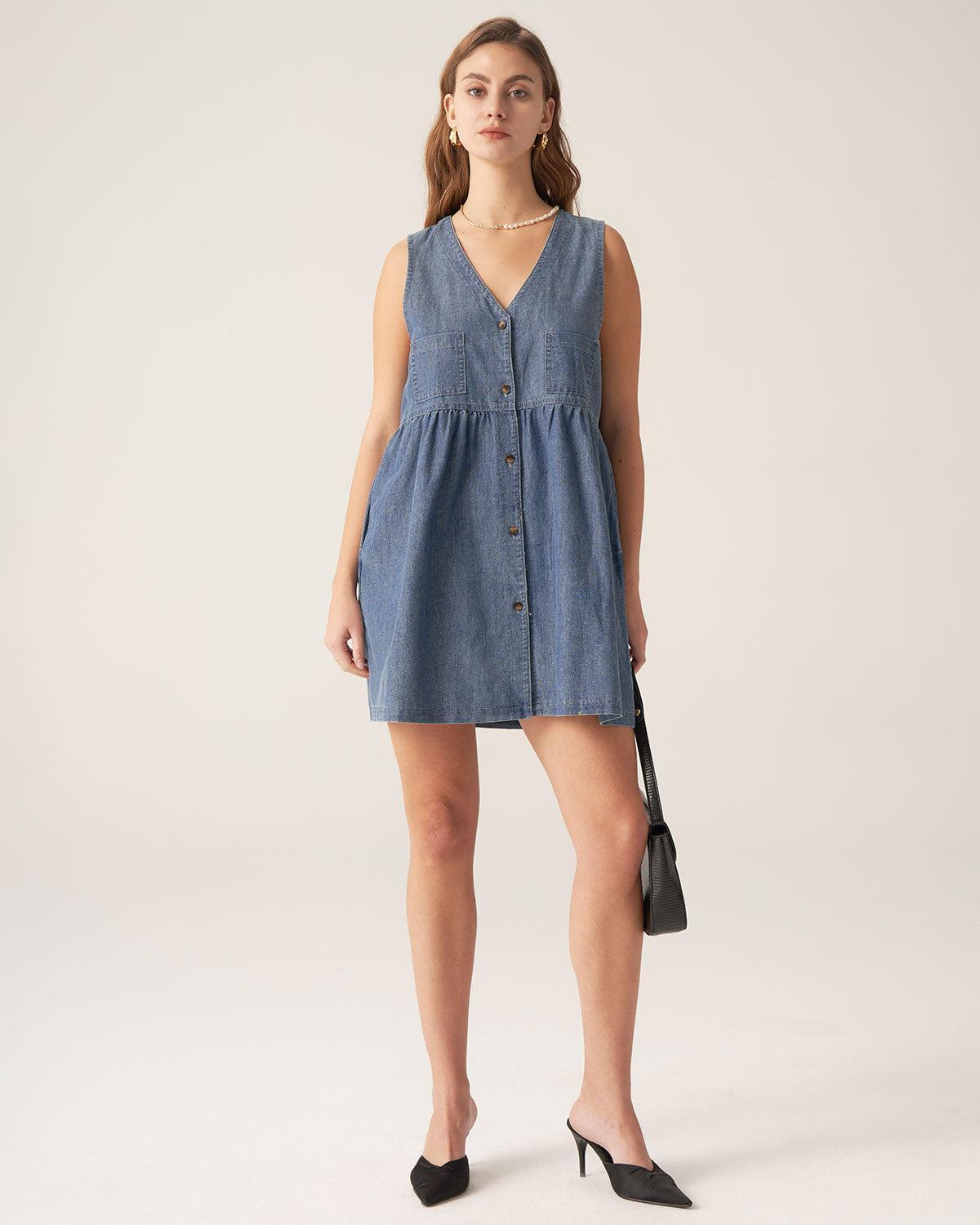 Blue Denim Sleeveless Mini Dress Product Image