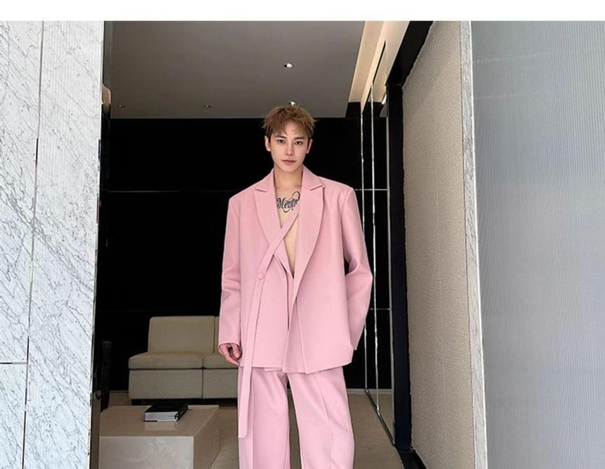 Set: Mock Two-Piece Peak Lapel Plain Buttoned Slit Blazer + Mid Rise Wide Leg Dress Pants Product Image