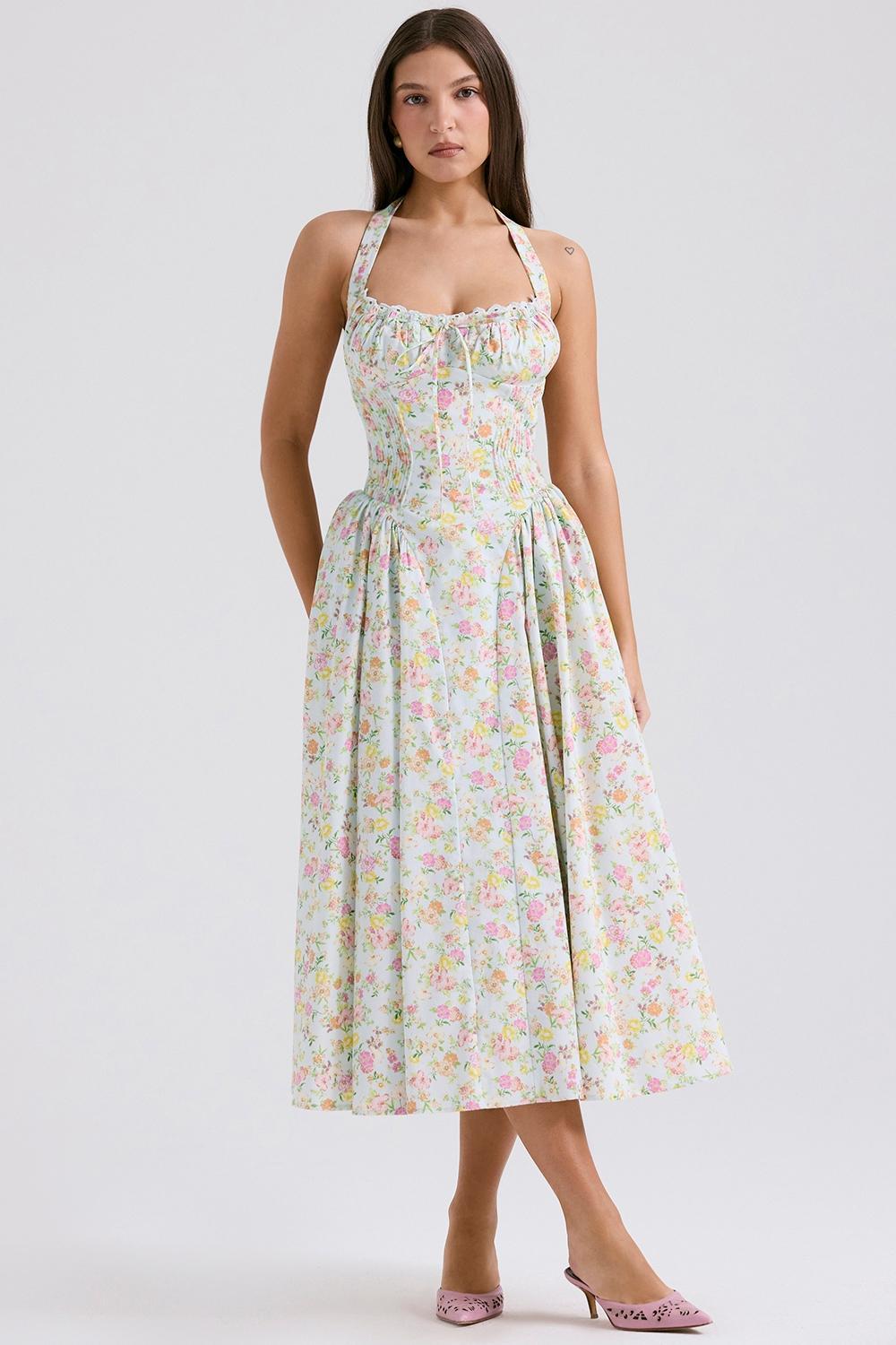 Adabella Pale Blue Meadow Print Cotton Halter Sundress Product Image