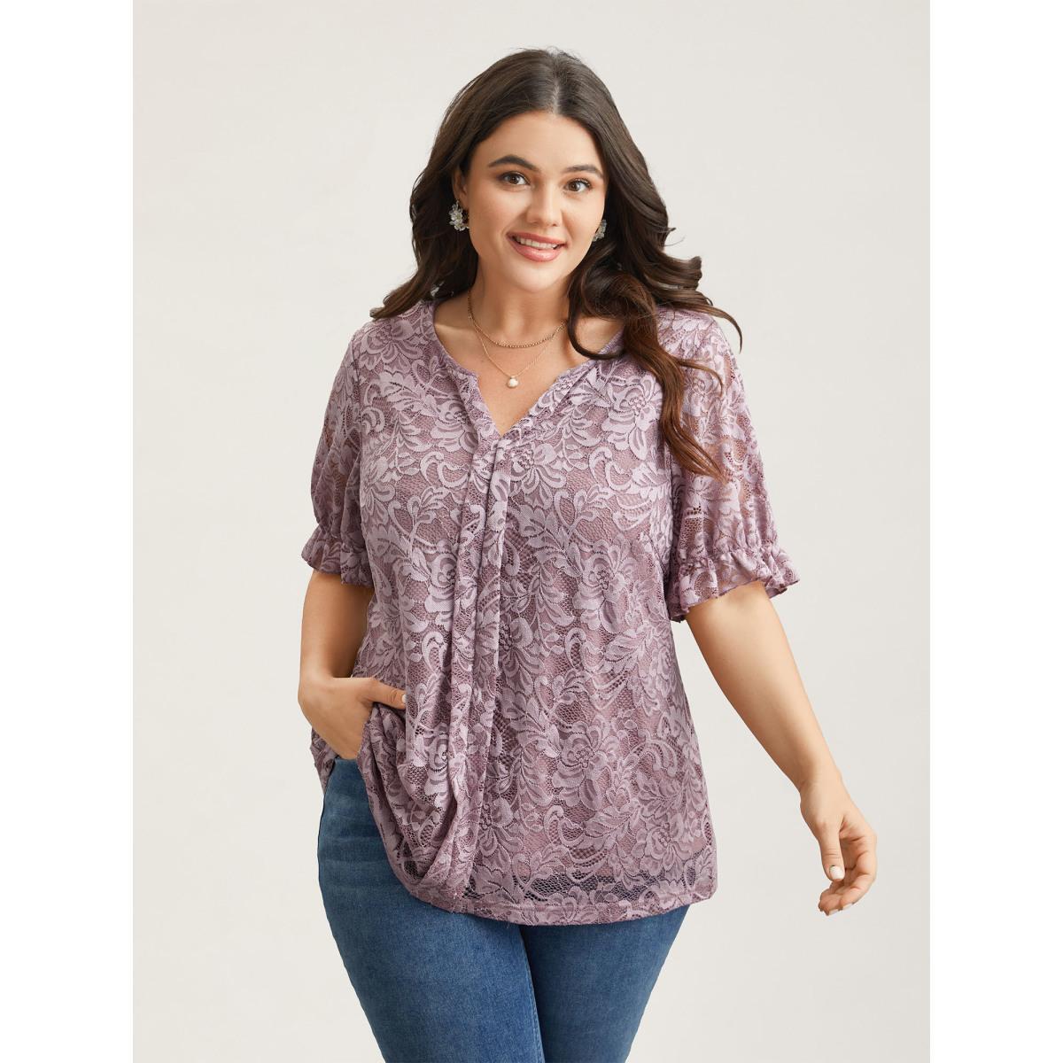 Plus Size Heather Lace Ruffled Puff Sleeve Shirt Women Elegant Short sleeve Notched collar Everyday Blouses BloomChic 18-20/2X Product Image