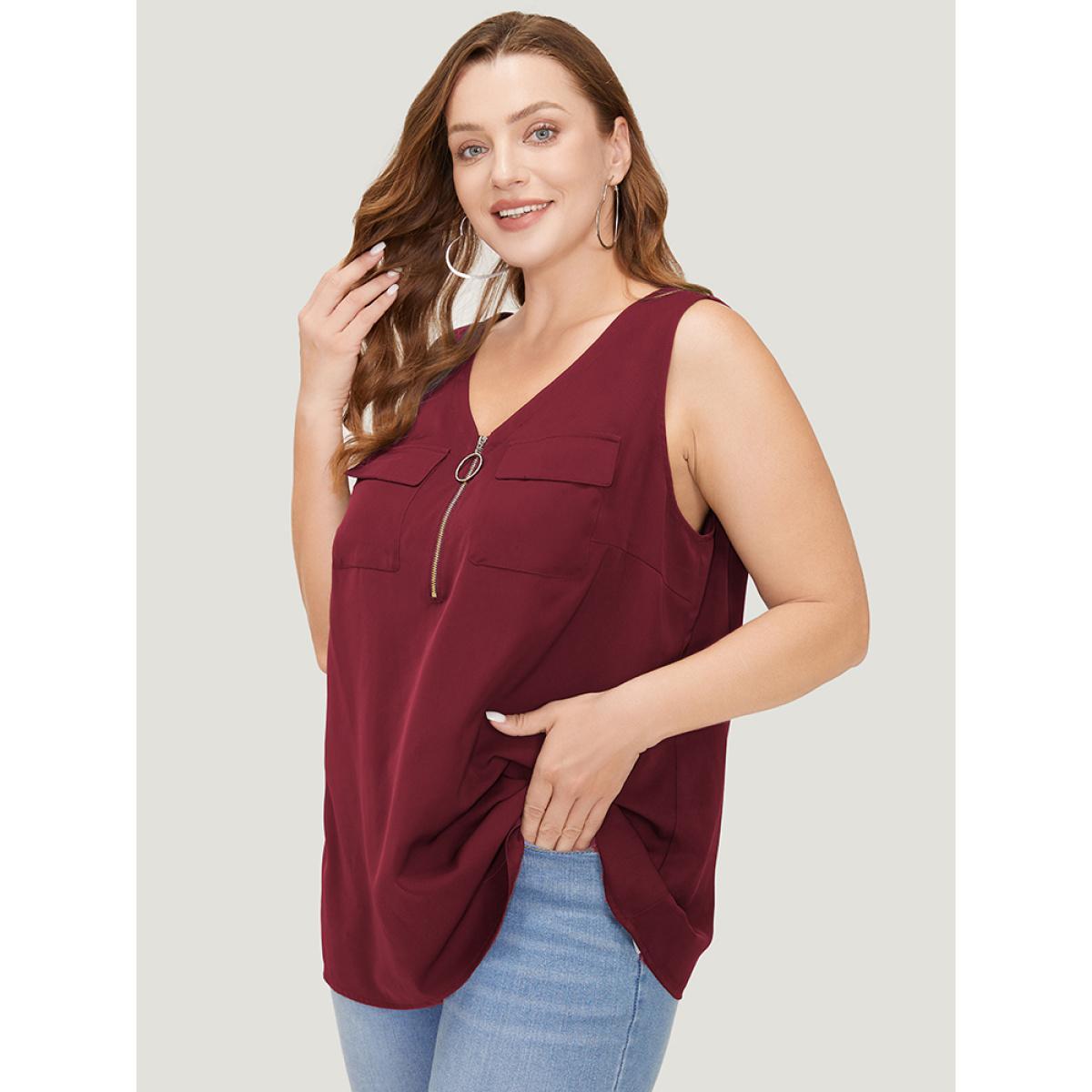 Plus Size Solid Half Zipper Flap Detail Tank Top Women Burgundy Casual Zipper V-neck Dailywear Tank Tops Camis BloomChic 14-16/1X Product Image