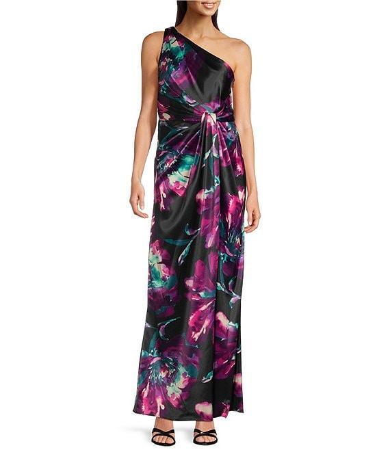 Adrianna Papell Floral Chiffon One Shoulder Sleeveless Column Gown Product Image