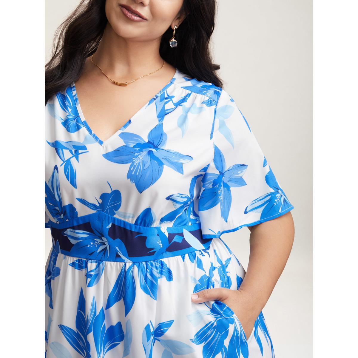 Plus Size Positioned Floral Waist-Cinched Midi Dress DarkBlue Women Elegant Gathered V-neck Half Sleeve Curvy BloomChic 26/4X Product Image
