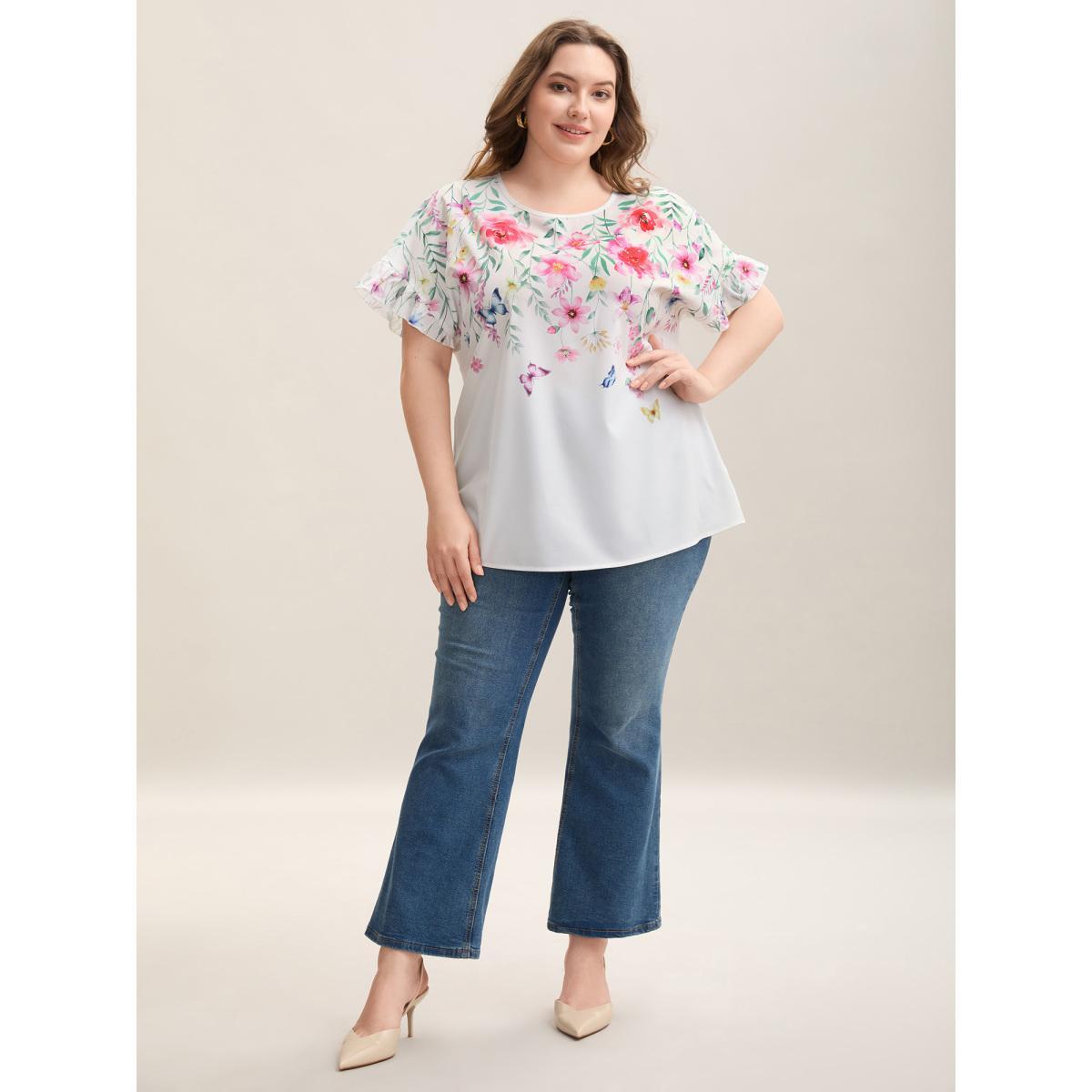 Plus Size Opticwhite Floral Bodice Round Neck Flared Blouse Women Elegant Short sleeve Round Neck Everyday-Elegant Blouses BloomChic 12/L Product Image