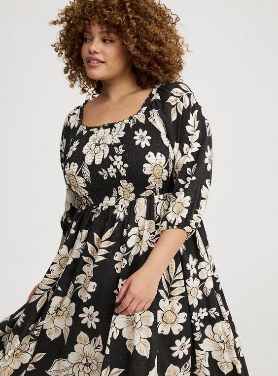 Challis Puff Sleeve Tea Length Dress Product Image