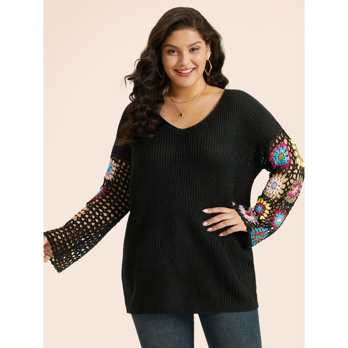 Plus Size Floral Embroidered Hollow Out Pullover Black Women Casual Long Sleeve V-neck Everyday Pullovers BloomChic 22-24/3X Product Image