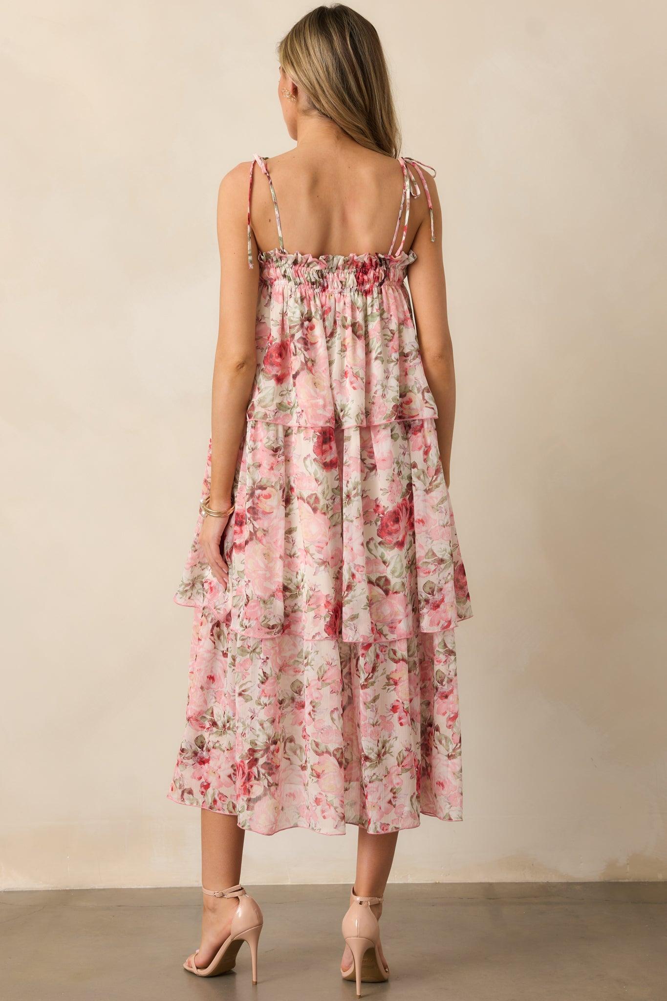 Flourishing Frenzy Pink Floral Print Midi Dress Product Image