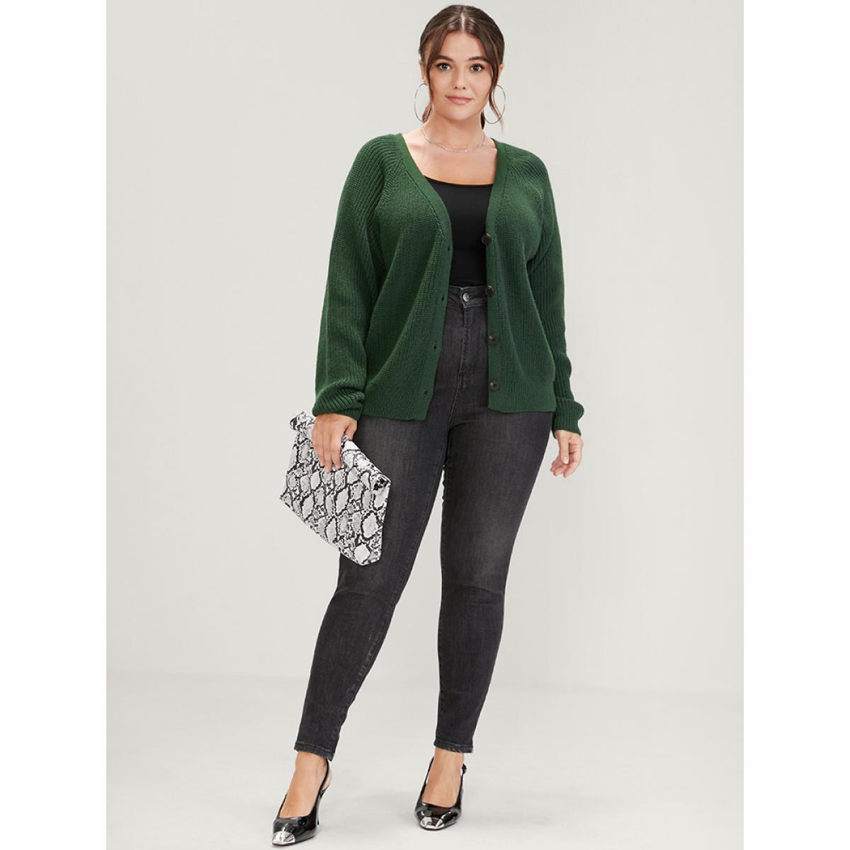 Plus Size Solid Pointelle Knit Raglan Sleeve Button Front Cardigan DarkGreen Women Elegant Loose Long Sleeve Dailywear Cardigans BloomChic 22-24/3X Product Image