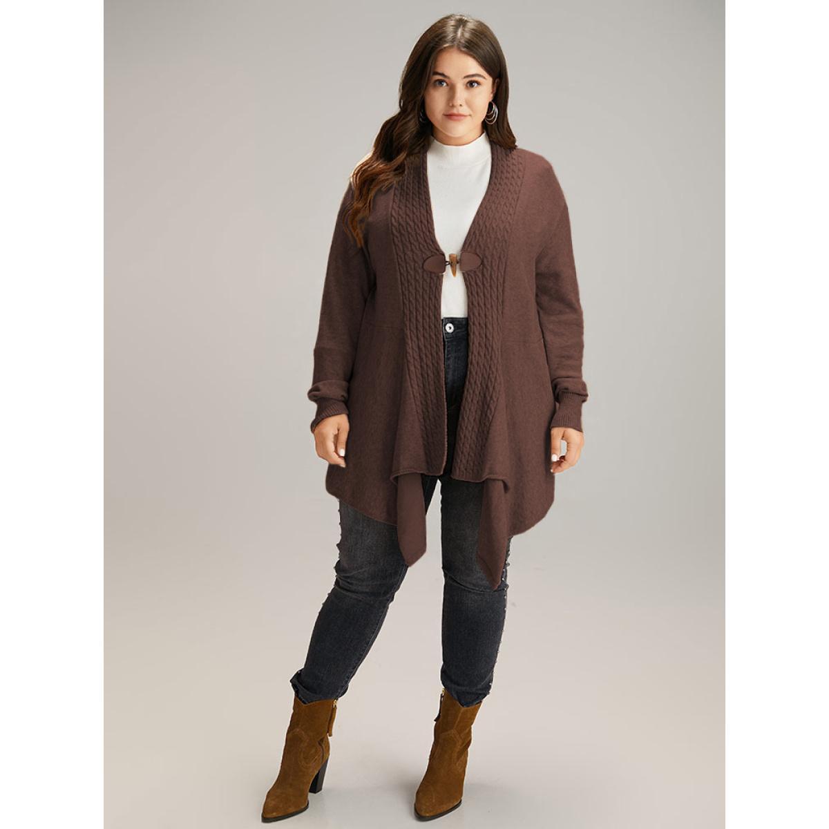 Plus Size Supersoft Essentials Textured Asymmetrical Duffle Button Cardigan DarkBrown Women Casual Loose Long Sleeve Dailywear Cardigans BloomChic 26/4X Product Image