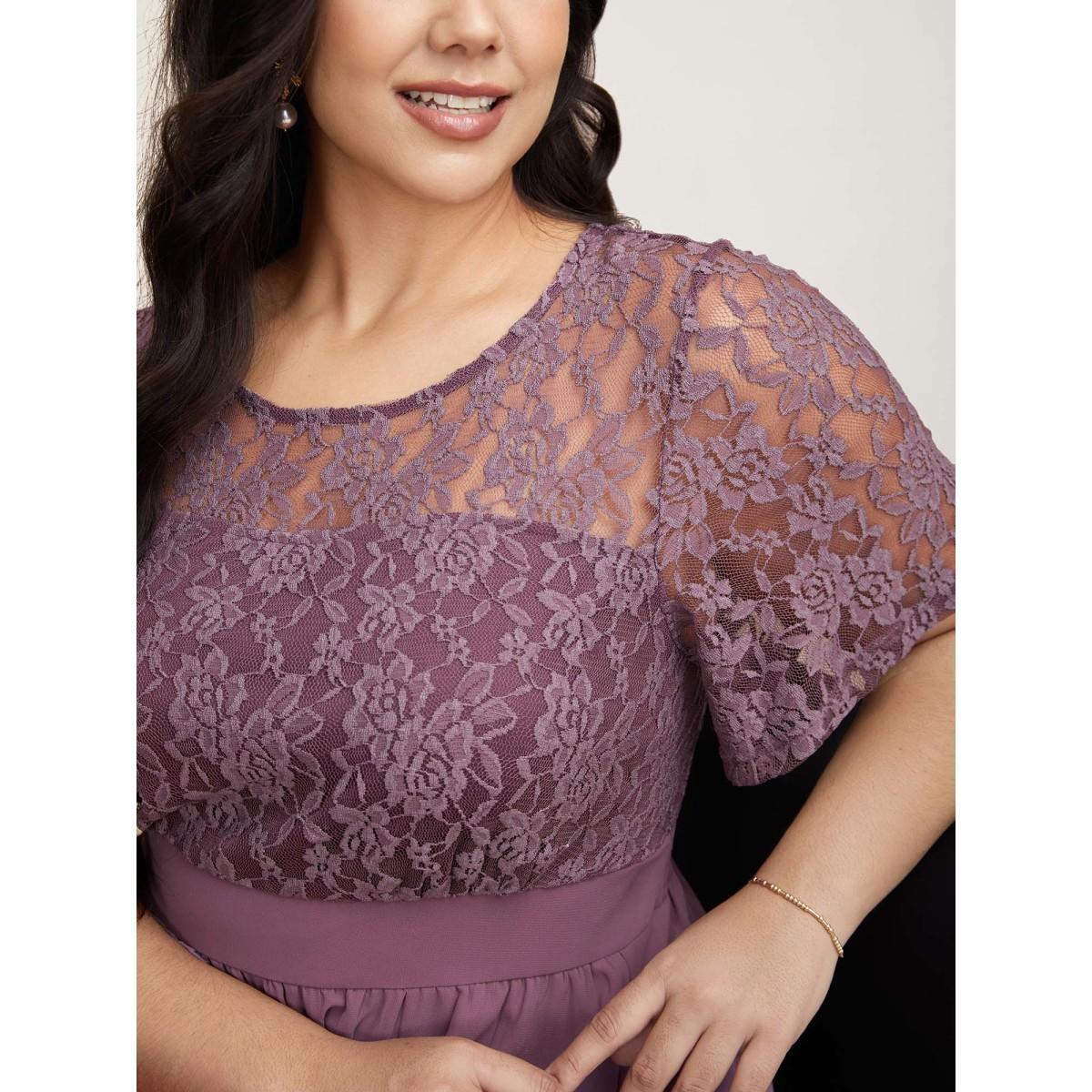 Plus Size Chiffon Lace Waist-Defining Midi Dress Heather Women Elegant Texture Round Neck Short sleeve Curvy BloomChic 22-24/3X Product Image