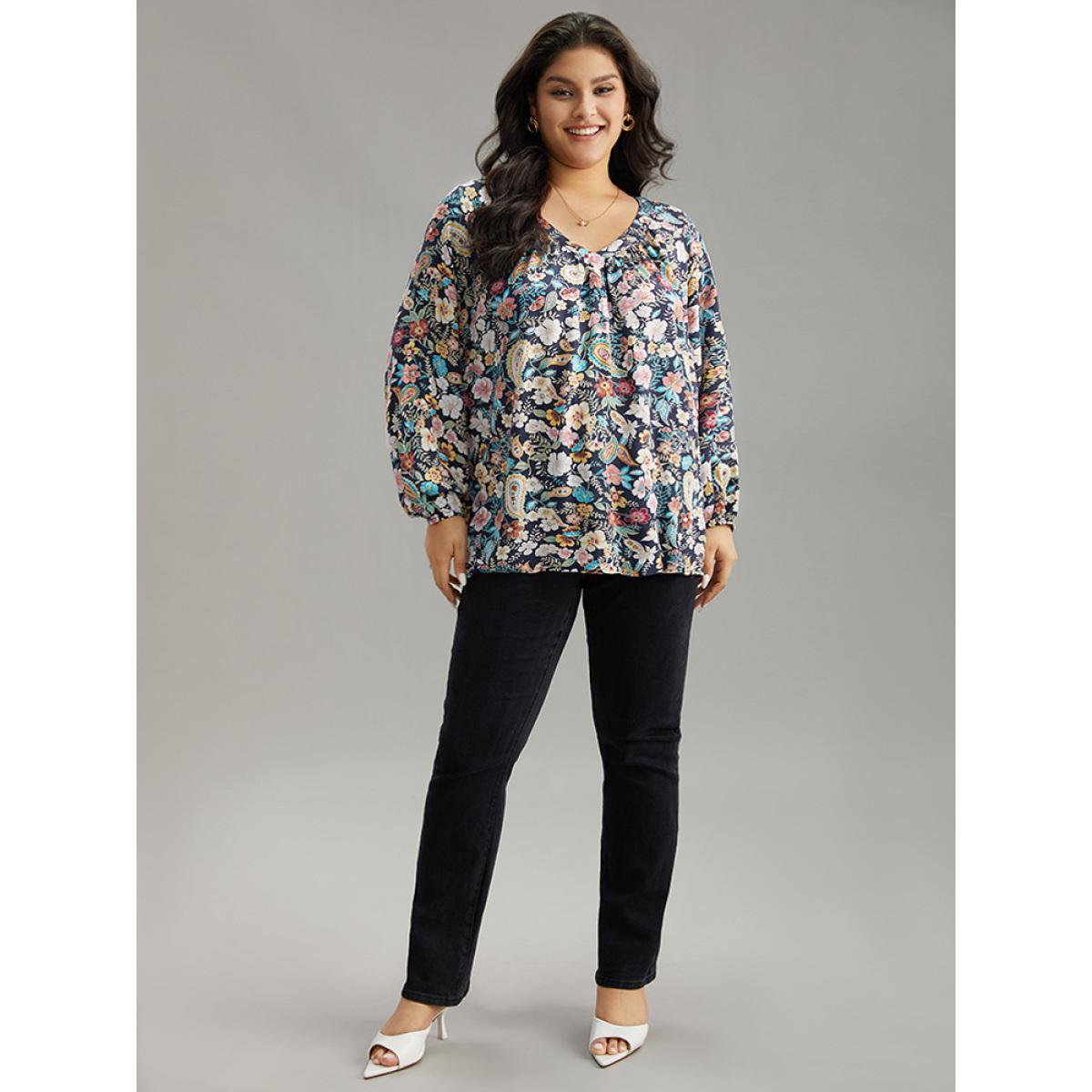 Plus Size Indigo Paisley Lantern Sleeve Gathered Blouse Women Elegant Long Sleeve V-neck Dailywear Blouses BloomChic 30/6X Product Image