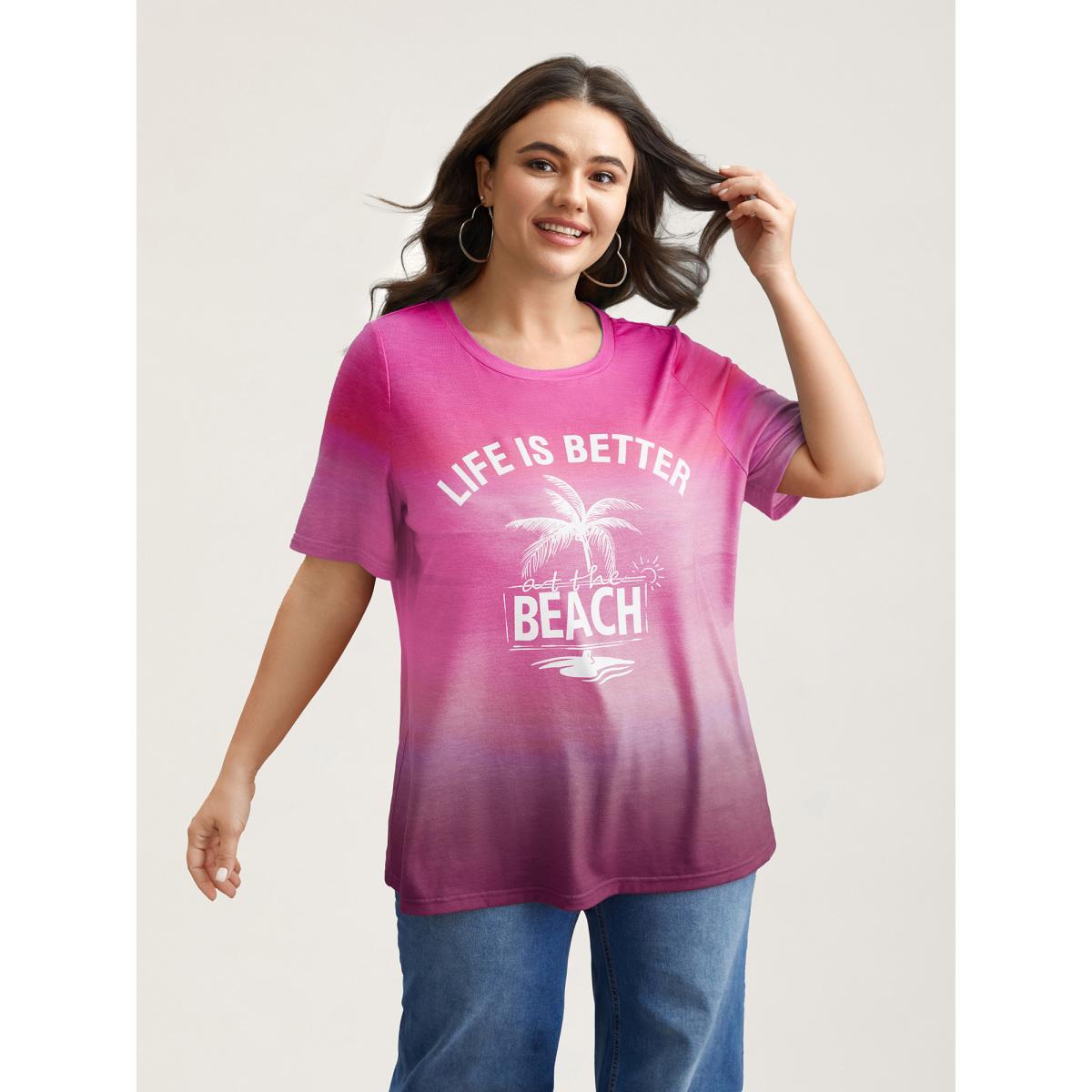 Plus Size Gradient Beach Print Fitted T-Shirt Plum Women Casual Contrast Tropical Round Neck Everyday T-shirts BloomChic 12/L Product Image