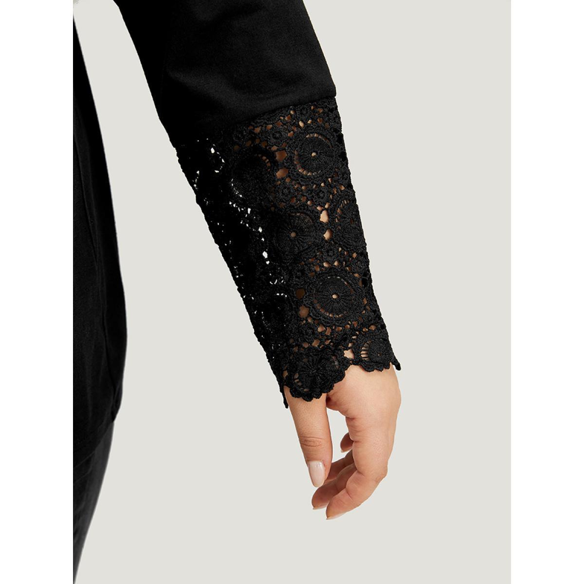 Plus Size Halloween Solid Round Neck Button Up Lace Panel T-shirt Black Women Elegant Plain Plain Open Front Everyday T-shirts BloomChic 10/M Product Image