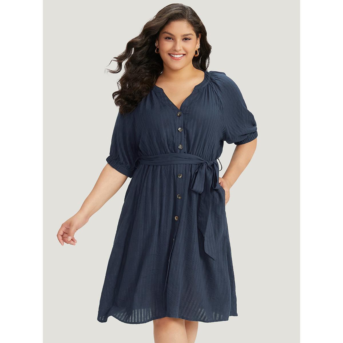 Plus Size Solid Button Through Notched Belted Dress Navy Women Office Elastic cuffs Notched collar Short sleeve Curvy Midi Dress BloomChic 26/4X Product Image