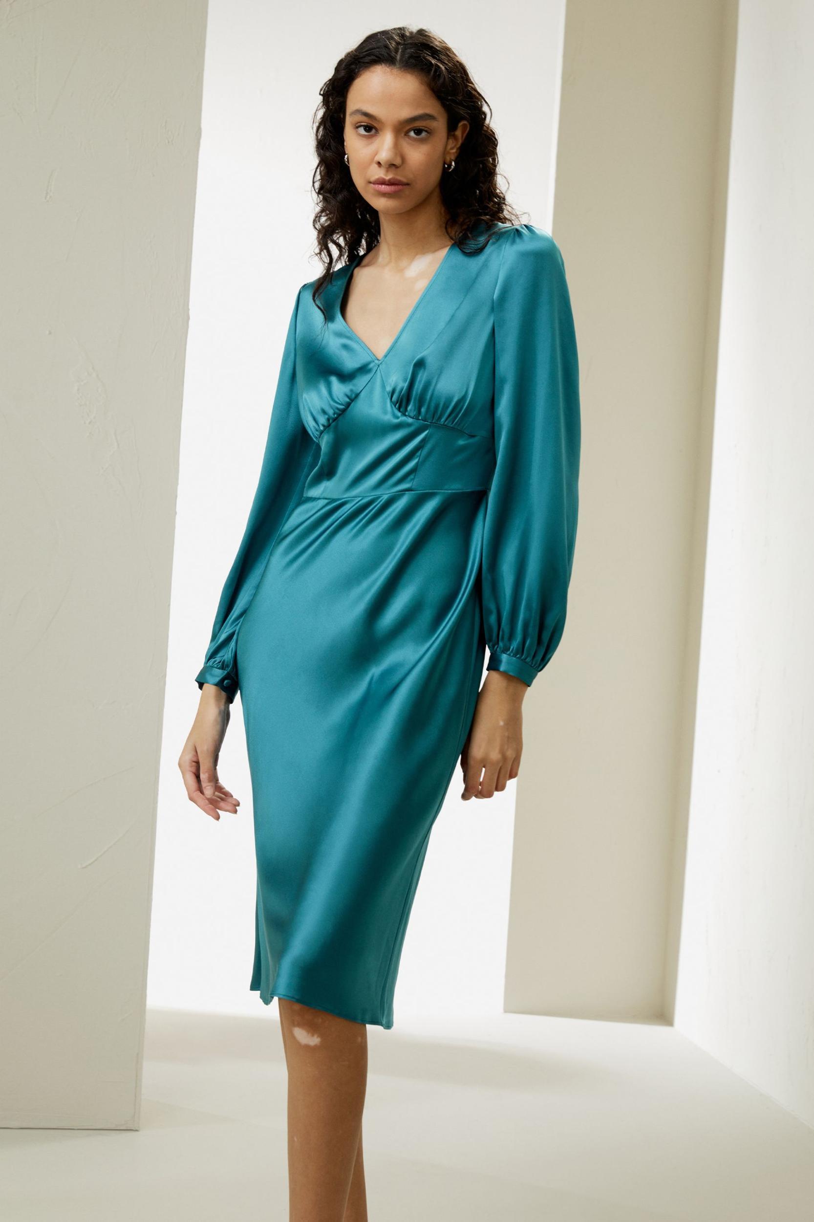 V-Neck Silk Waisted Dress Product Image