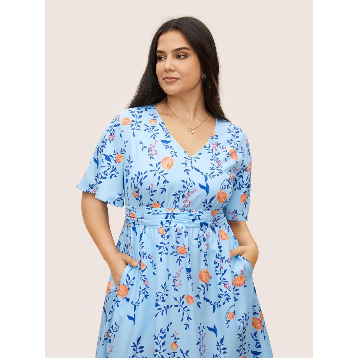 Plus Size Citrus Orange Print Ruched Ruffle Sleeve Dress LightBlue Women Elegant Gathered V-neck Short sleeve Curvy BloomChic 22-24/3X Product Image