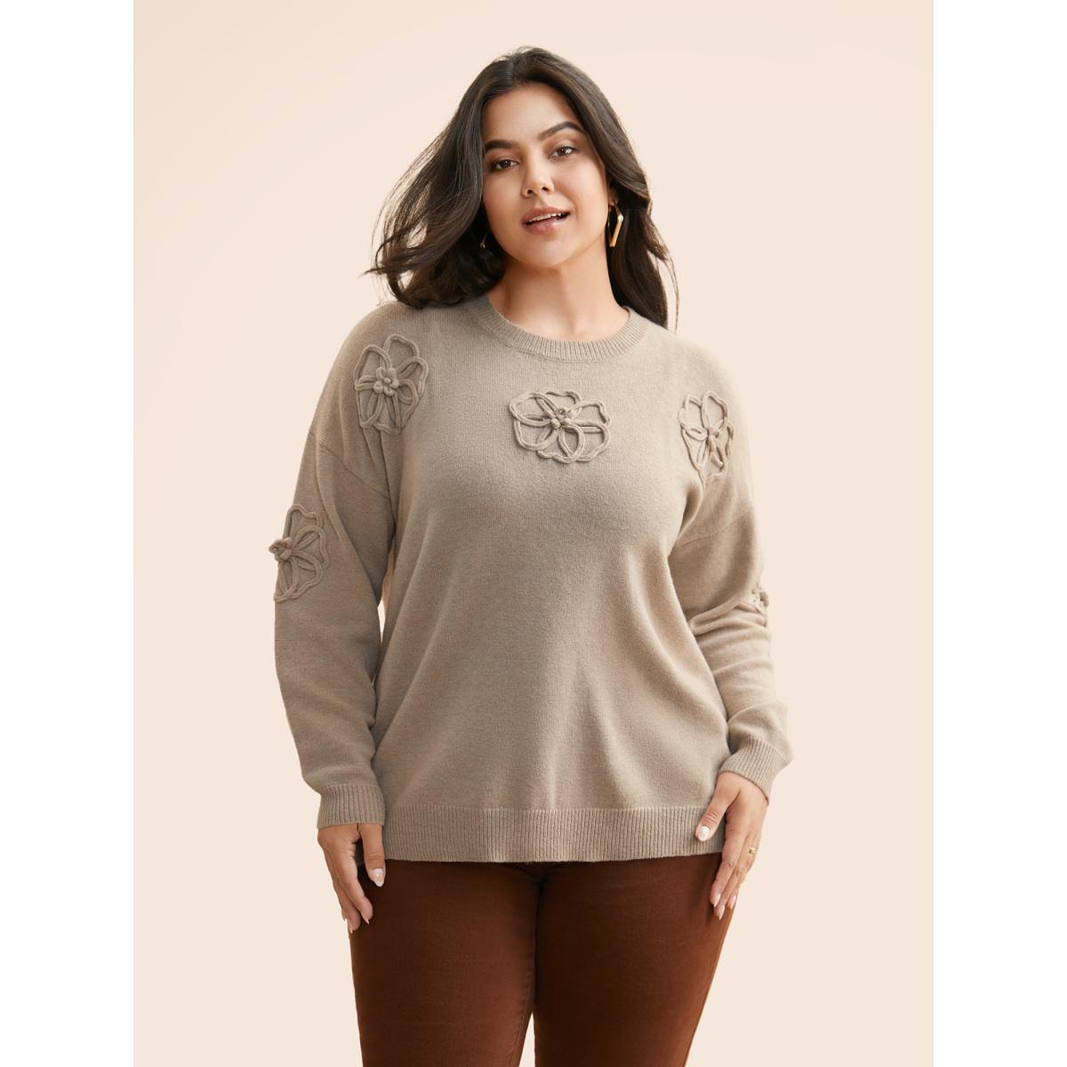 Plus Size Supersoft Essentials Stereo Flower Design Pullover Apricot Women Casual Loose Long Sleeve Round Neck Everyday Pullovers BloomChic 26/4X Product Image