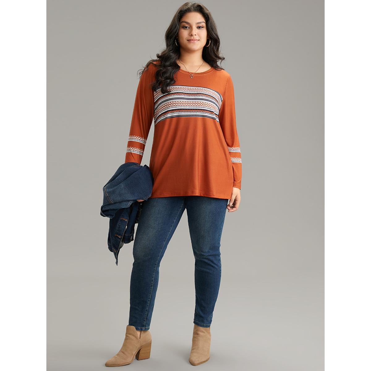 Plus Size Boho Print Patchwork Crew Neck T-shirt OrangeRed Women Casual Printed Bohemian Print Round Neck Dailywear T-shirts BloomChic 26/4X Product Image