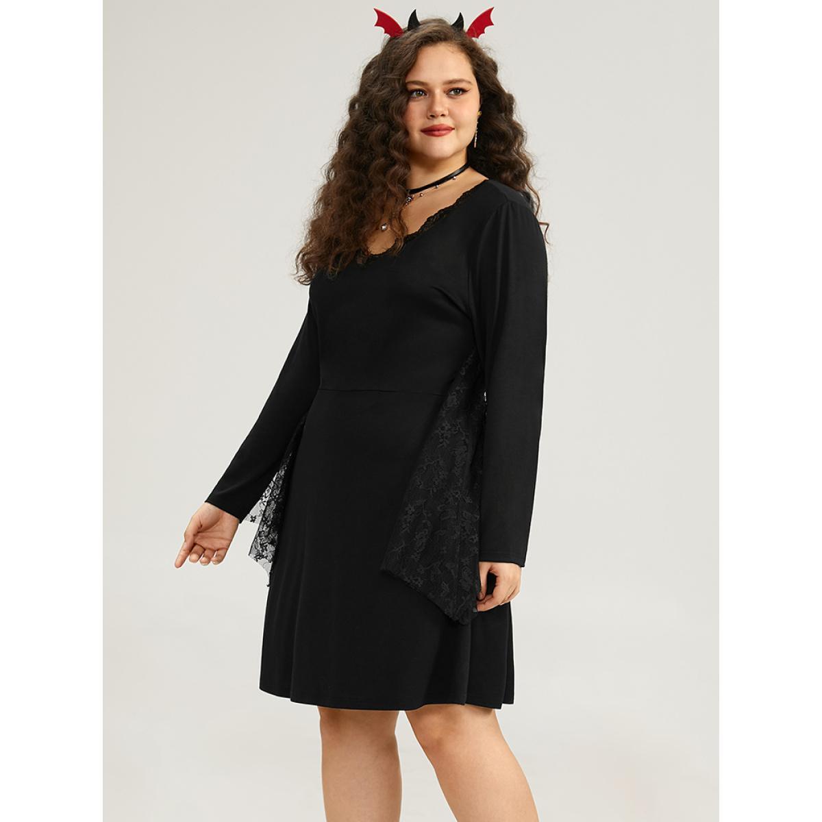 Plus Size Halloween Plain Contrast Lace Flutter Hem Dress DarkGreen Women Casual See through V-neck Long Sleeve Curvy Knee Dress BloomChic 26/4X Product Image