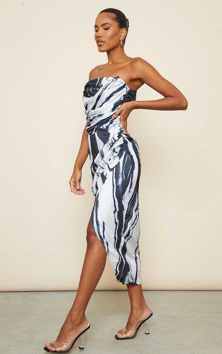  Monochrome Abstract Print Satin Bandeau Ruched Detail Midaxi Dress Product Image