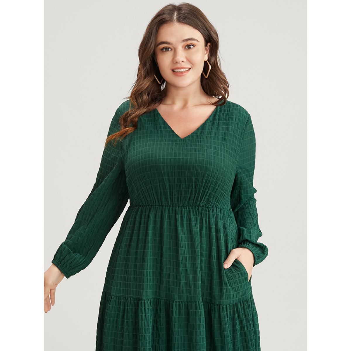 Plus Size Solid V Neck Lantern Sleeve Pocket Gingham Flutter Dress DarkGreen Women Elegant Pocket V-neck Long Sleeve Curvy Midi Dress BloomChic 10/M Product Image