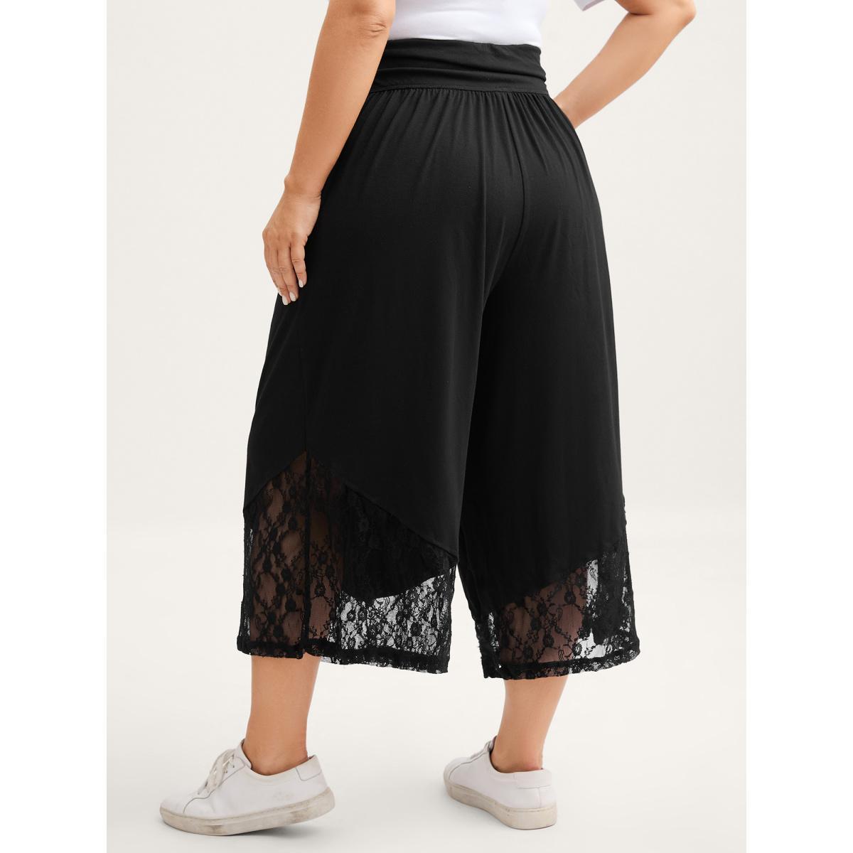 Plus Size Wide Waist Sheer Lace Wide-Leg Pants Women Black Casual Loose Mid Rise Everyday-Casual Pants BloomChic 10/M Product Image
