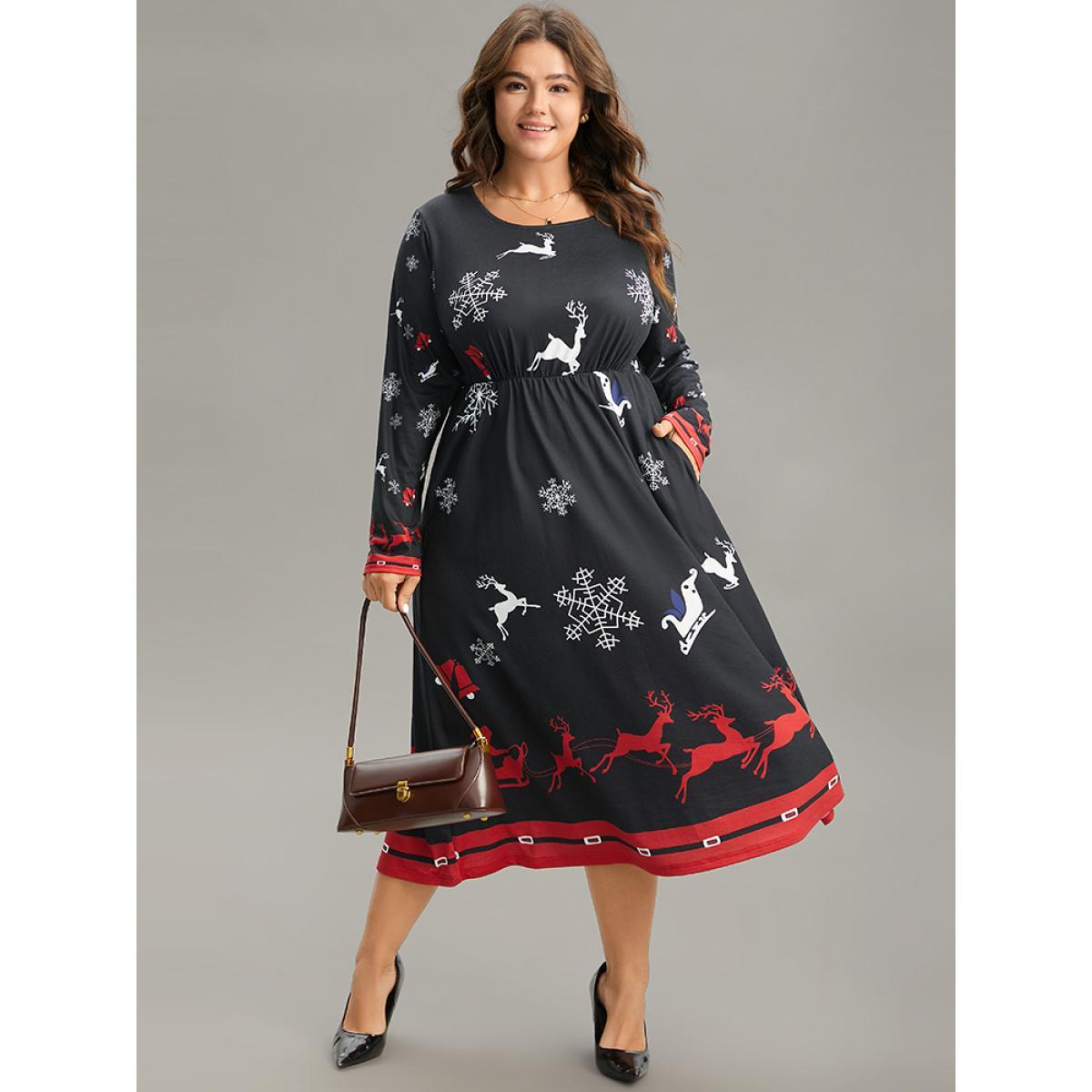 Plus Size Christmas Elk Print Contrast Elastic Waist Dress Black Women Office Printed Round Neck Long Sleeve Curvy Midi Dress BloomChic 22-24/3X Product Image