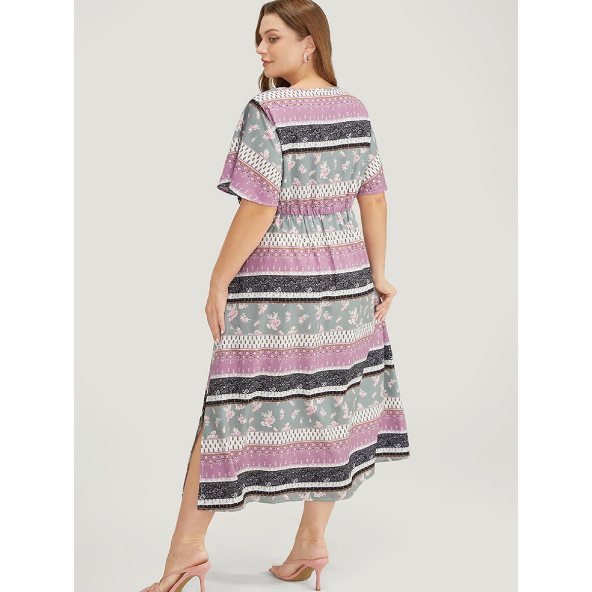 Plus Size Bandana Print Cut Out Tie Neck Pocket Shirred Striped Dress Multicolor Women Elegant Printed Keyhole Cut-Out Short sleeve Curvy Midi Dress BloomChic 14-16/1X Product Image