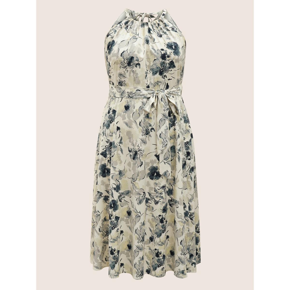 Plus Size Watercolor Floral Halter Neck Belted Gathered Dress SlateGray Women Elegant Gathered Round Neck Sleeveless Curvy BloomChic 30/6X Product Image