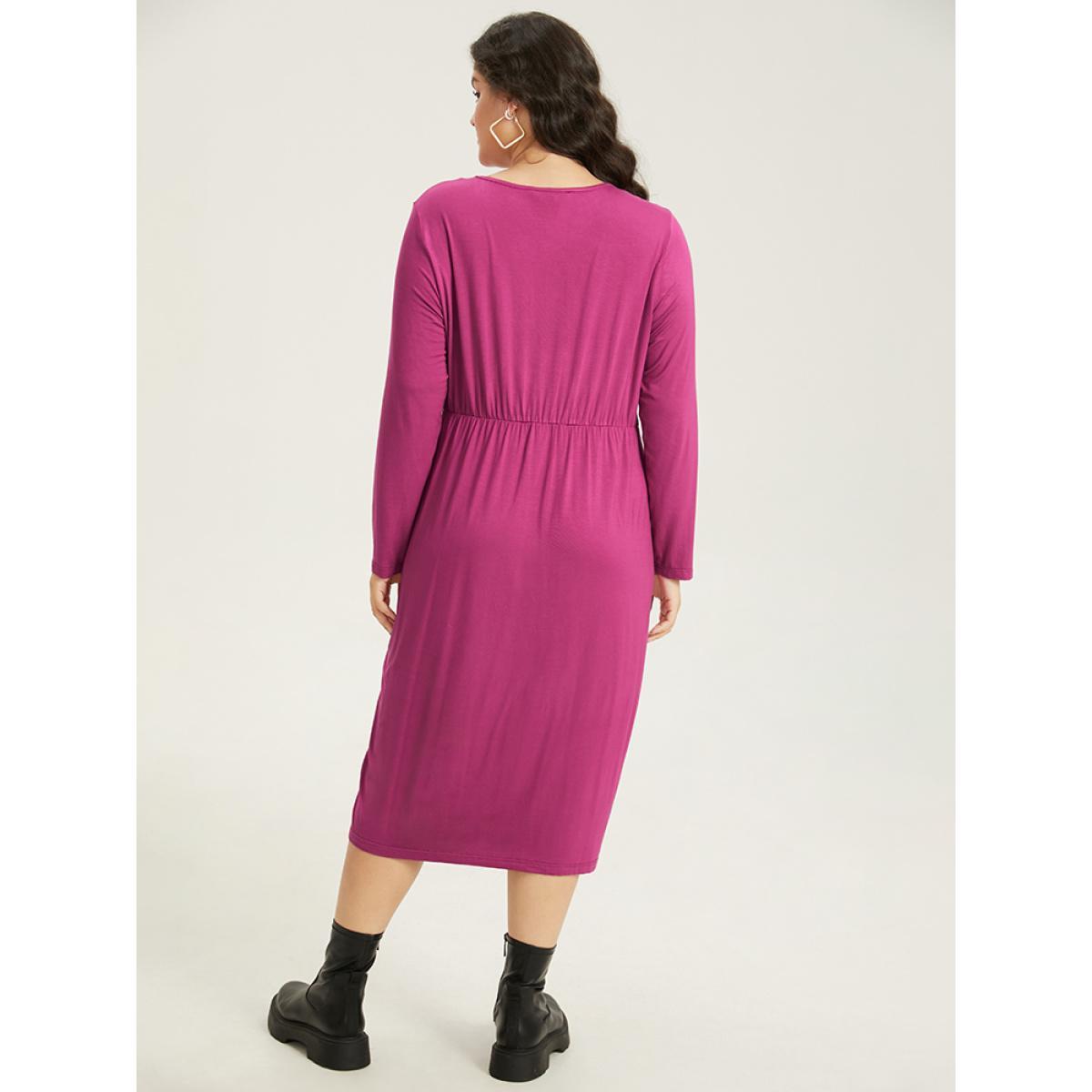 Plus Size Solid Pocket V Neck Plicated Detail Dress RedViolet Women Casual Plain V-neck Long Sleeve Curvy Midi Dress BloomChic 26/4X Product Image