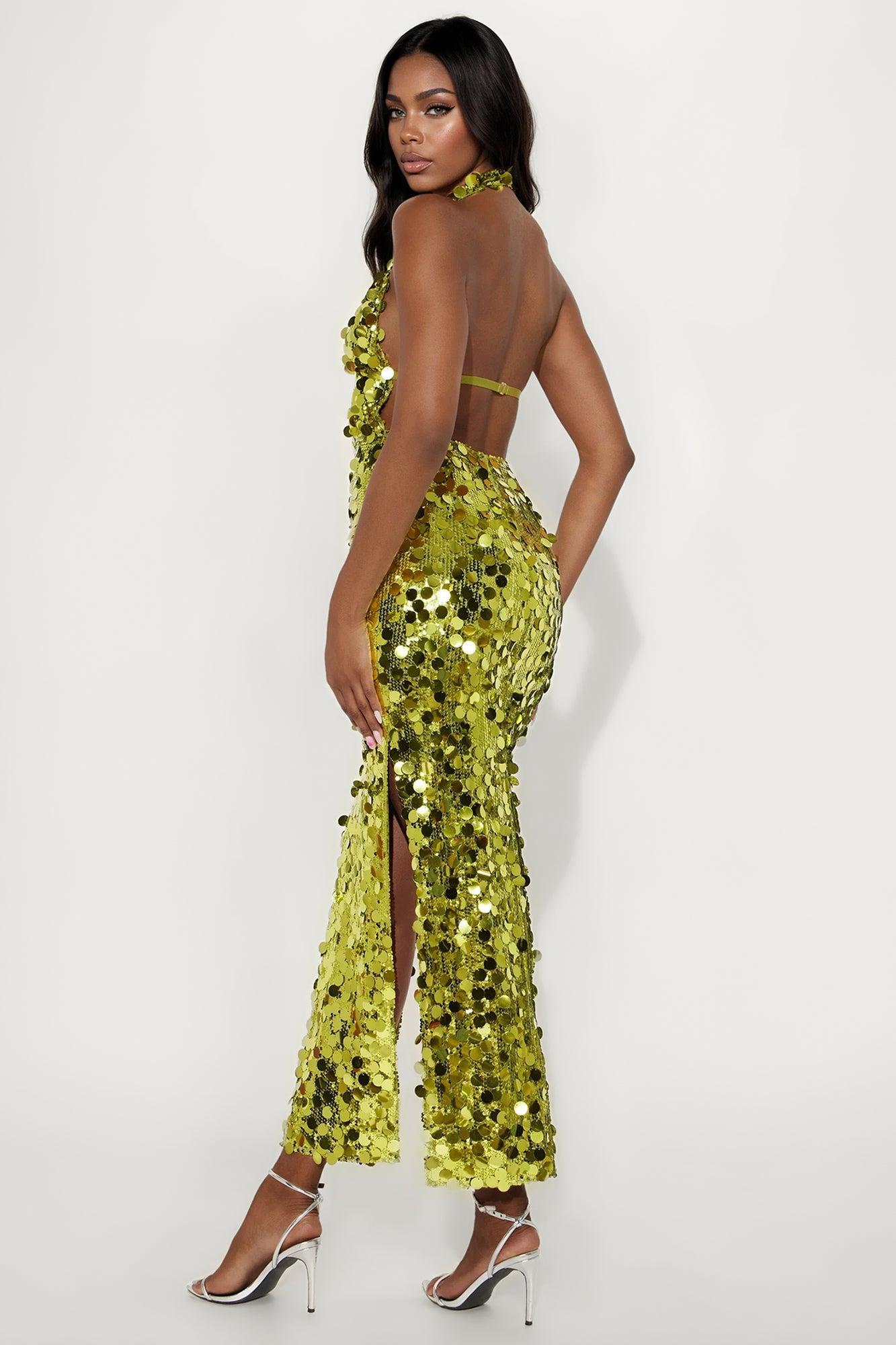 Sophia Sequin Halter Gown - Chartreuse Product Image