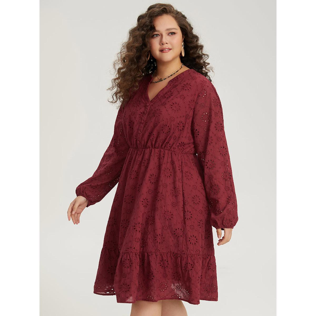 Plus Size Plain Geometric Eyelet Notched Lantern Sleeve Dress Burgundy Women Vacation Elastic cuffs Notched collar Long Sleeve Curvy Midi Dress BloomChic 12/L Product Image