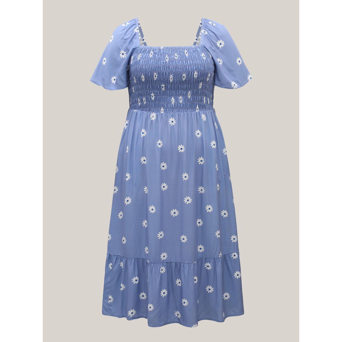 Plus Size Rayon Floral Shirred Midi Dress Mediumblue Women Square Neck Short sleeve Curvy BloomChic 22-24/3X Product Image