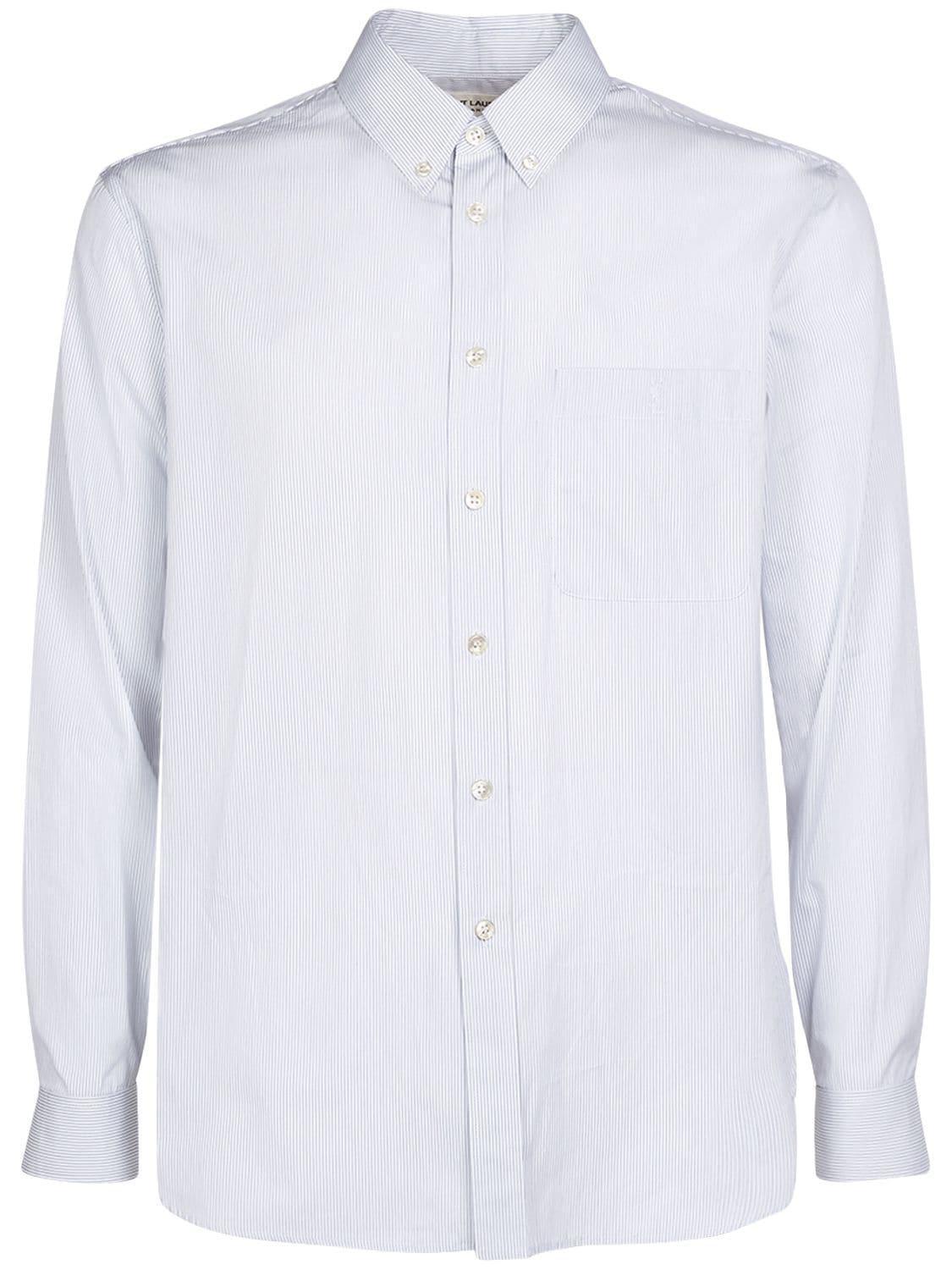 Embroidered Striped Cotton Shirt In White,blue Product Image