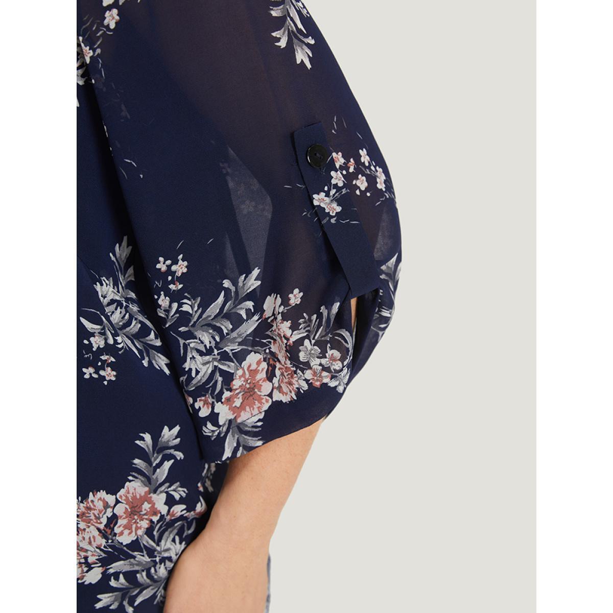 Plus Size Indigo Floral Print Knot Neck Mesh Tab Sleeve Blouse Women Elegant Elbow-length sleeve Tie Neck Dailywear Blouses BloomChic 26/4X Product Image