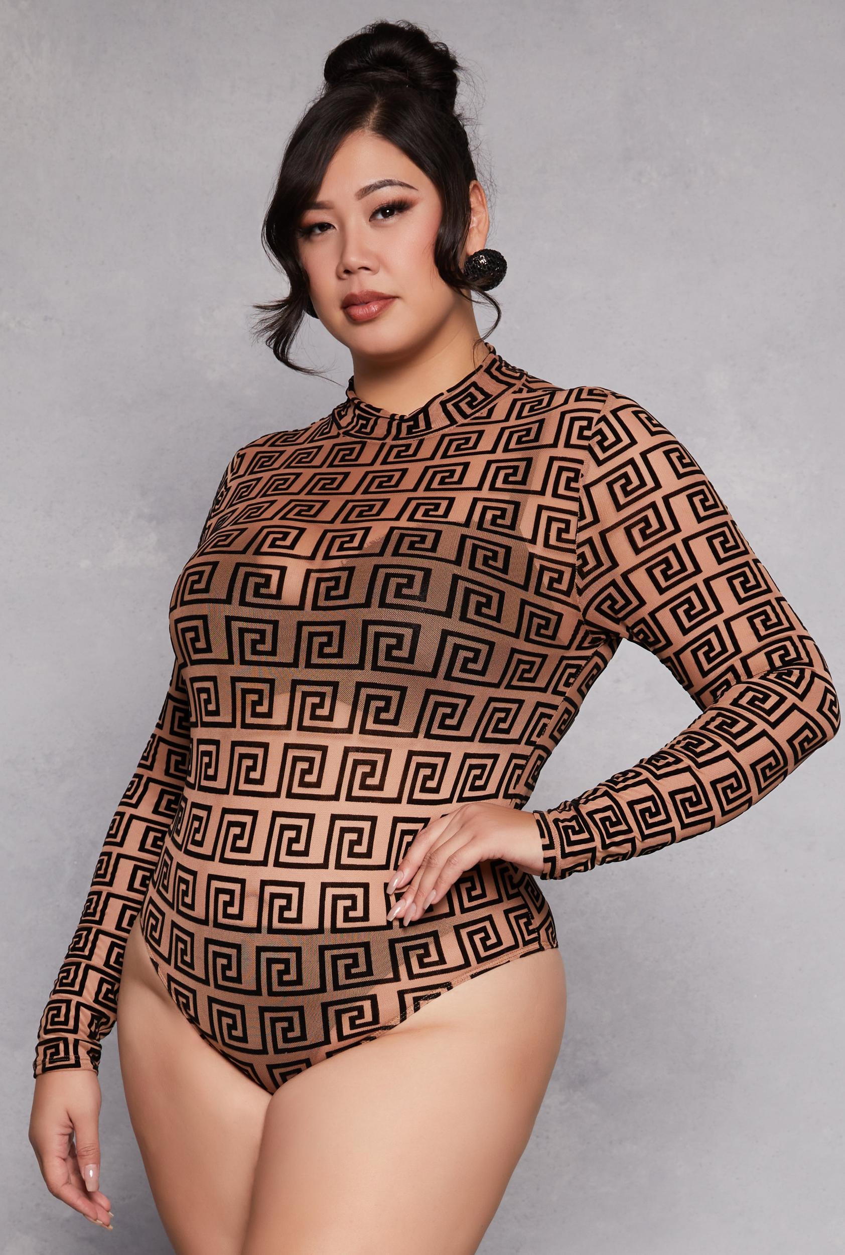 Womens Plus Size Mesh Velvet Burnout Greek Key Bodysuit Product Image