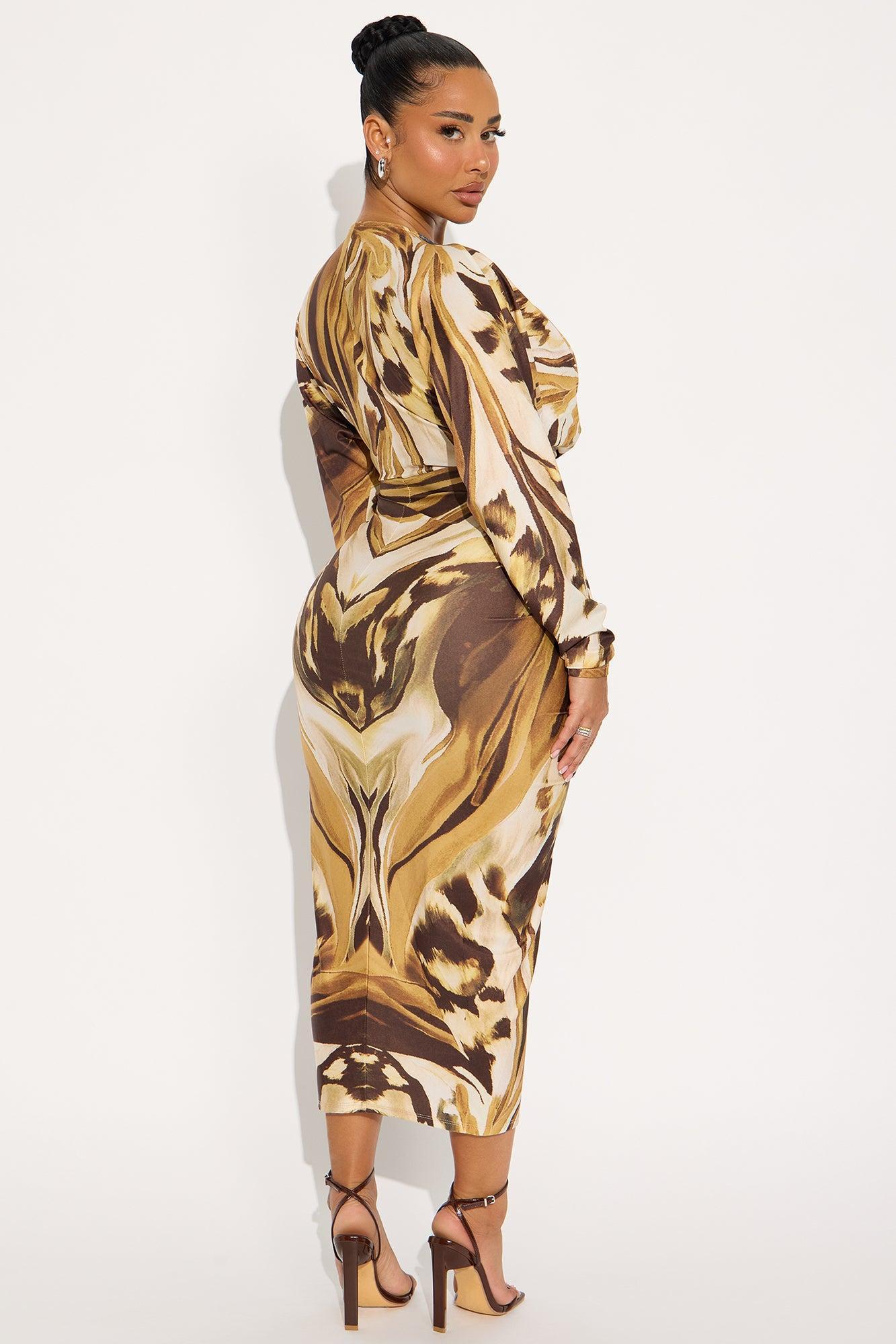 Lila Long Sleeve Midi Dress - Brown/combo Female Product Image