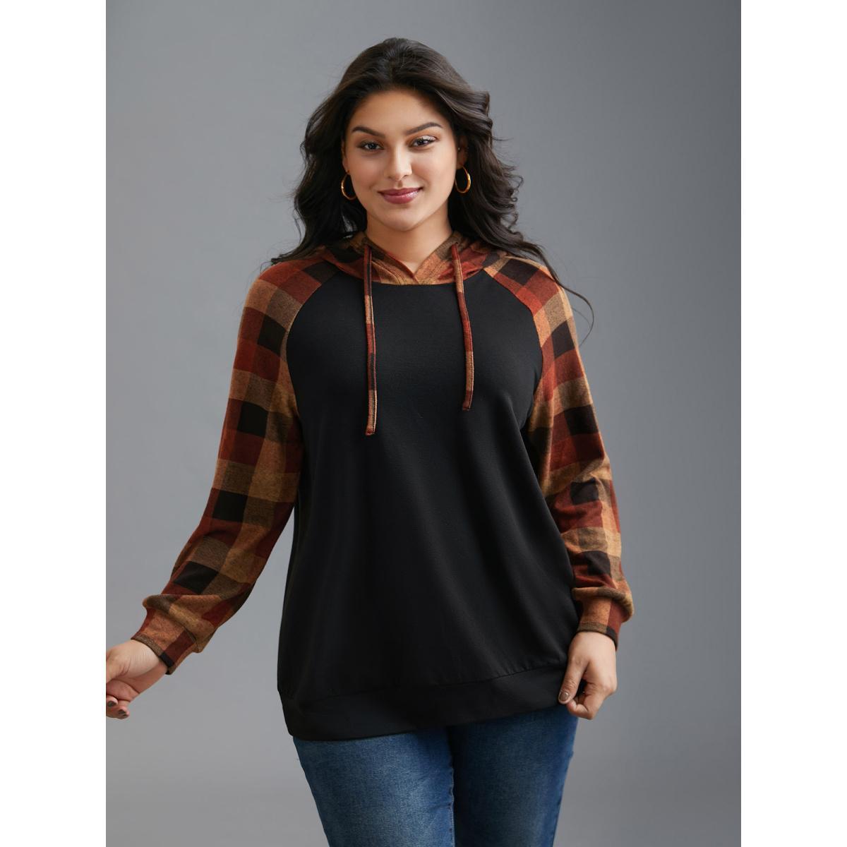 Plus Size Plaid Colorblock Contrast Hooded Drawstring Sweatshirt Women Black Casual Contrast Hooded Everyday Sweatshirts BloomChic 14-16/1X Product Image