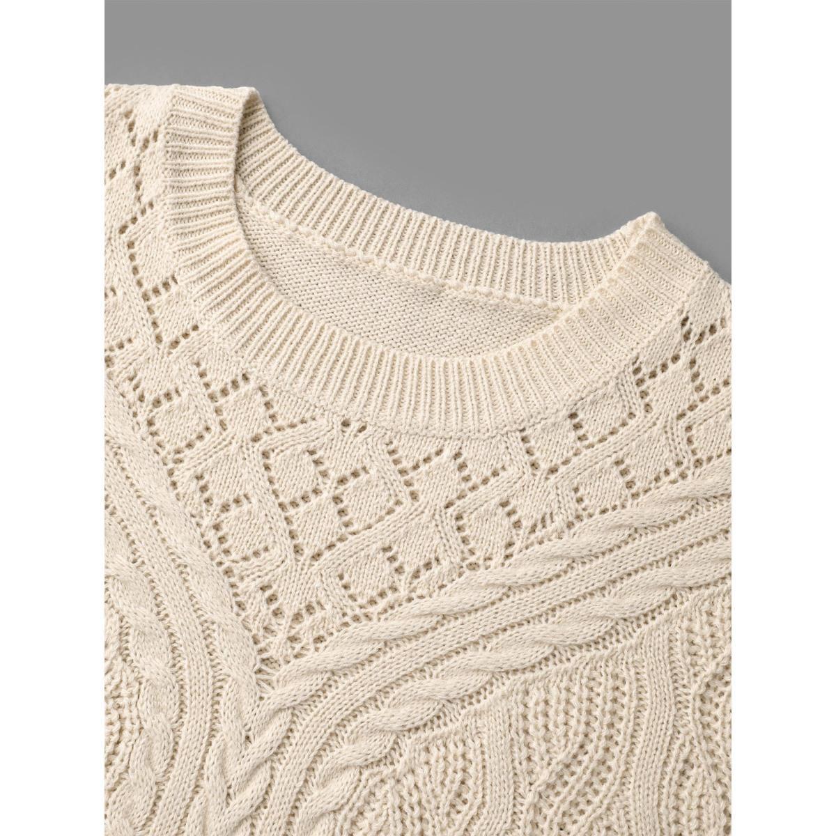 Plus Size Cable Knit Hollow Out Textured Pullover Apricot Women Casual Loose Long Sleeve Round Neck Everyday Pullovers BloomChic 14-16/1X Product Image