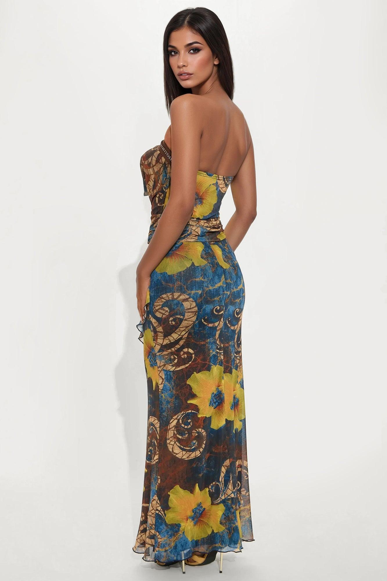 Hallie Floral Mesh Cowl Neck Maxi Dress - Blue/combo Product Image
